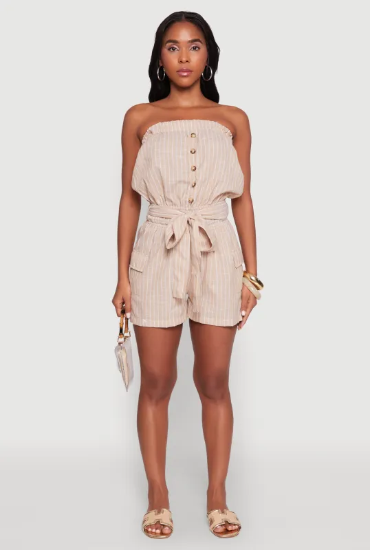 Tie Waist Belted Striped Strapless Cargo Romper sold by Rainbow