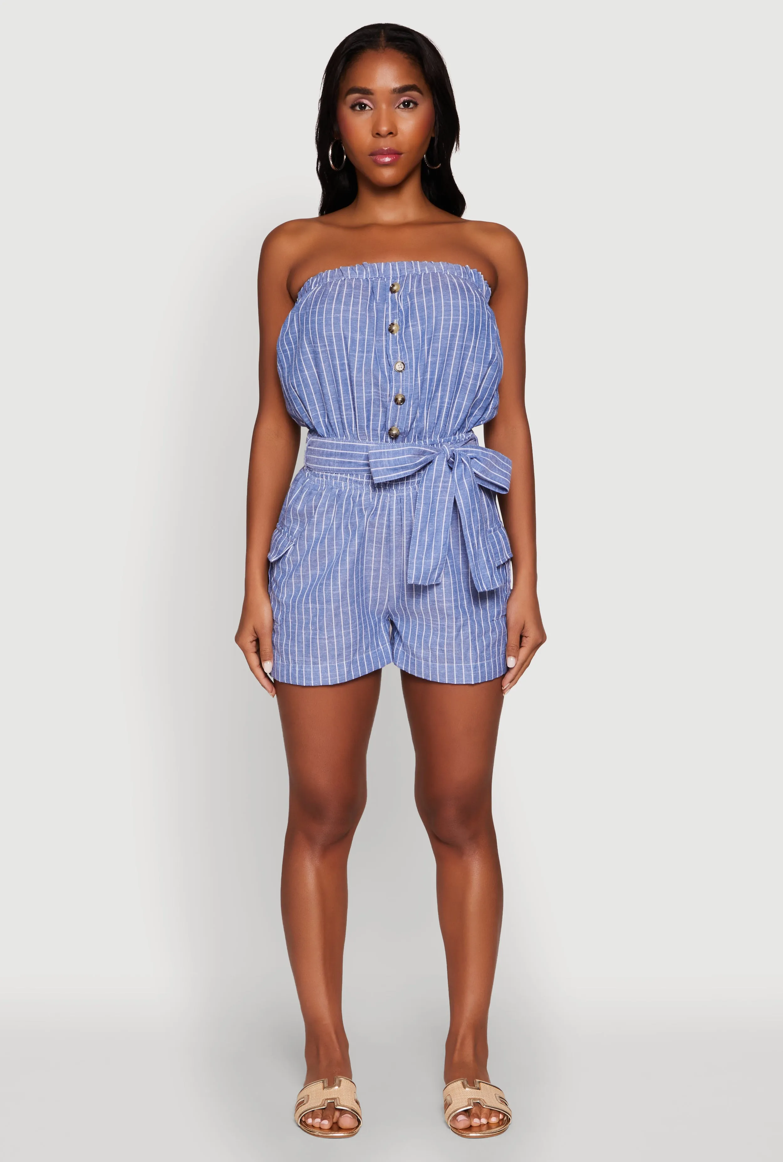 Tie Waist Belted Striped Strapless Cargo Romper sold by Rainbow product image thumbnail 2