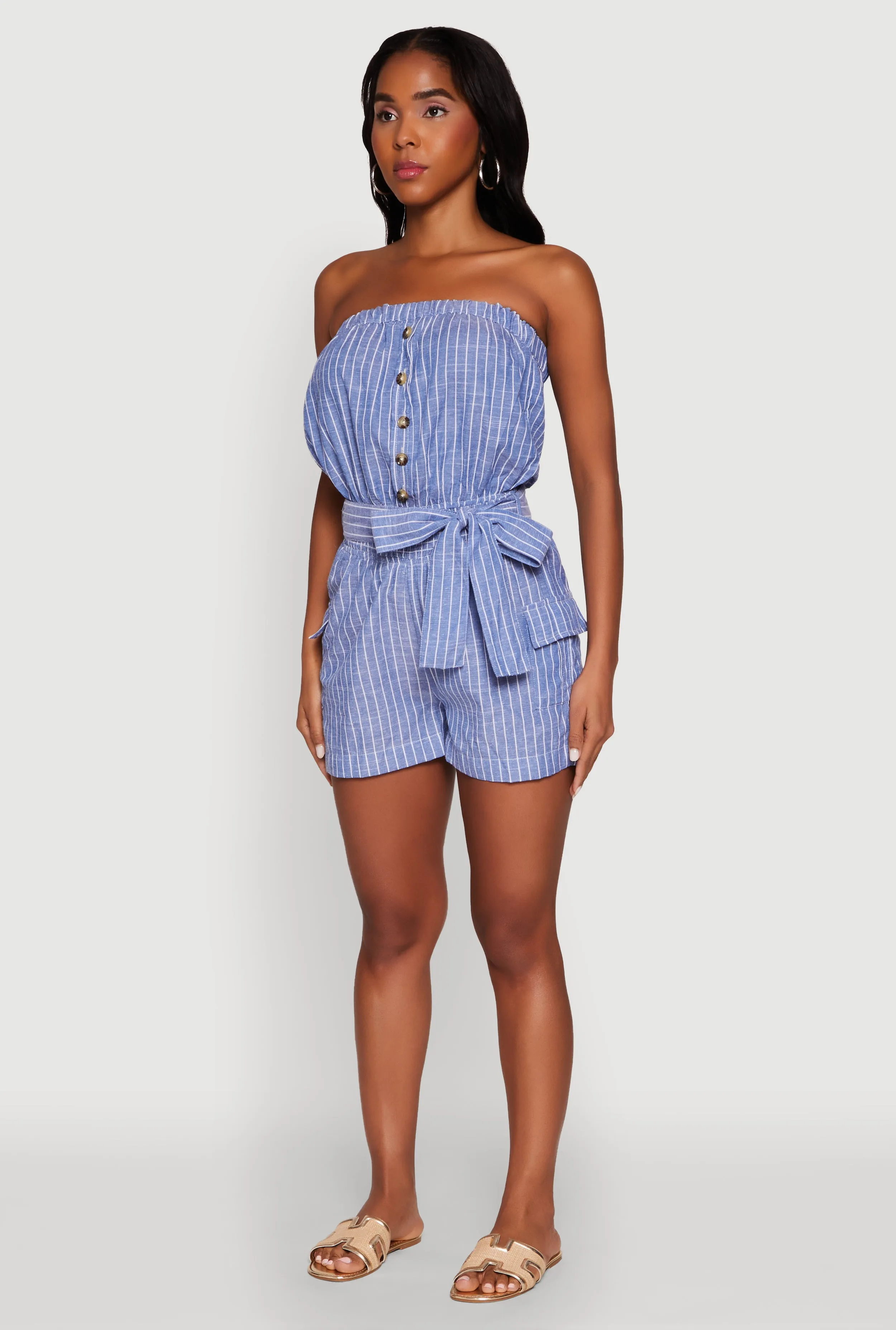 Tie Waist Belted Striped Strapless Cargo Romper sold by Rainbow product image thumbnail 3