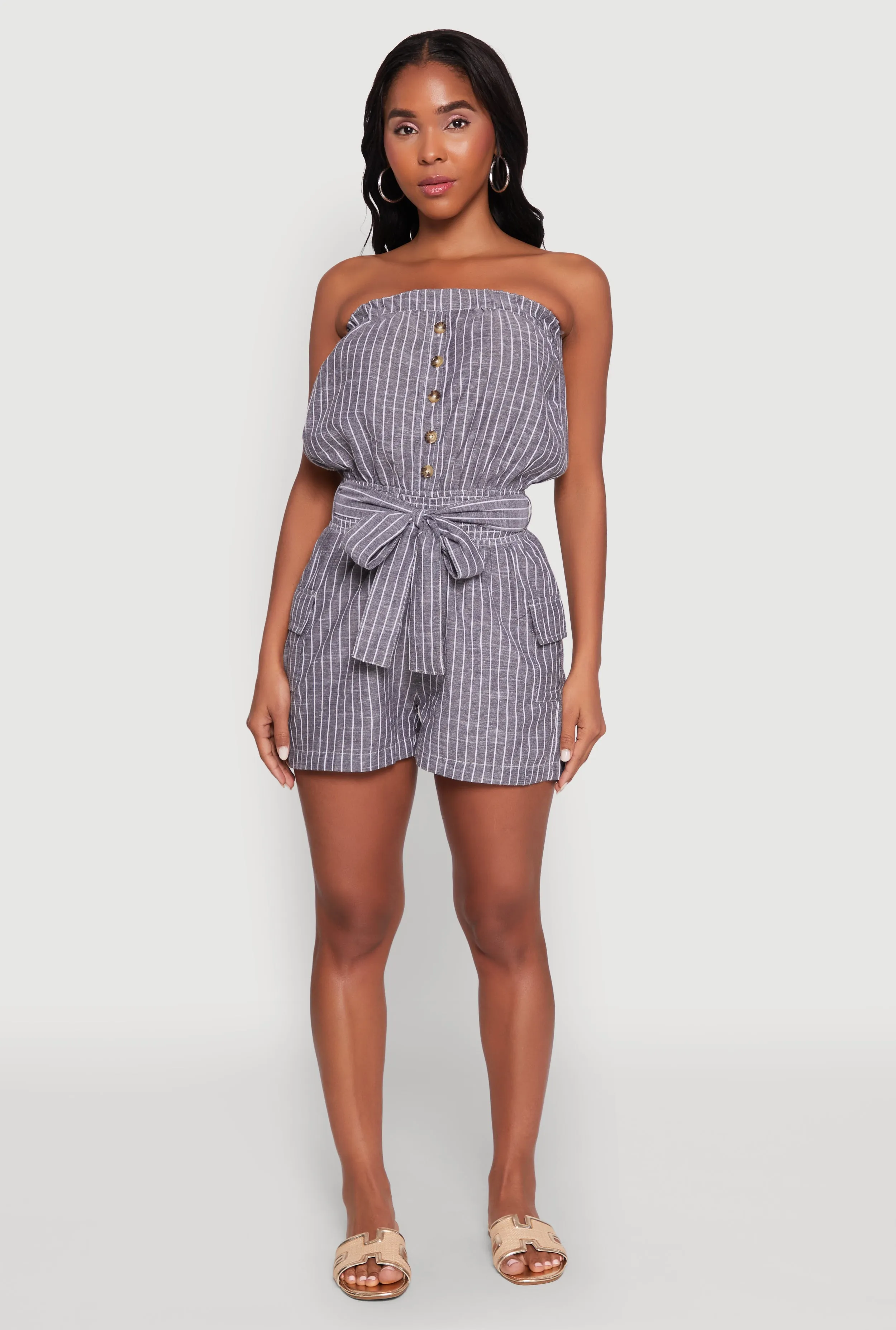 Tie Waist Belted Striped Strapless Cargo Romper sold by Rainbow product image thumbnail 2