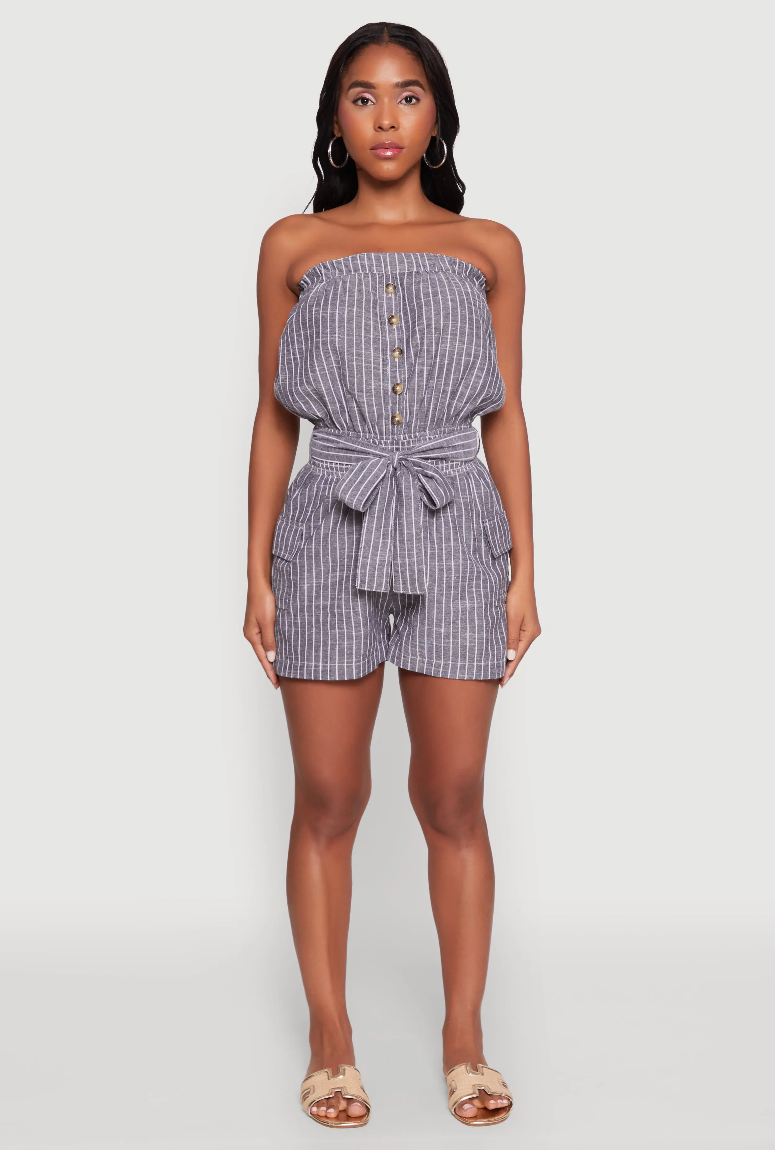 Tie Waist Belted Striped Strapless Cargo Romper sold by Rainbow
