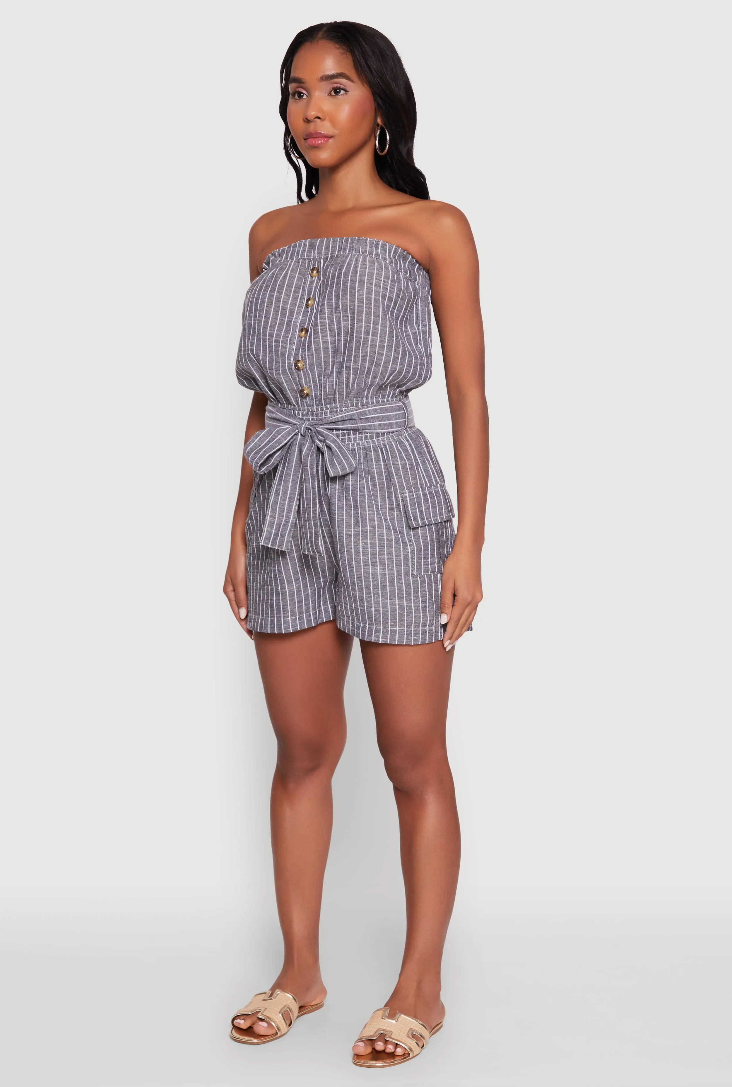 Tie Waist Belted Striped Strapless Cargo Romper sold by Rainbow product image thumbnail 3