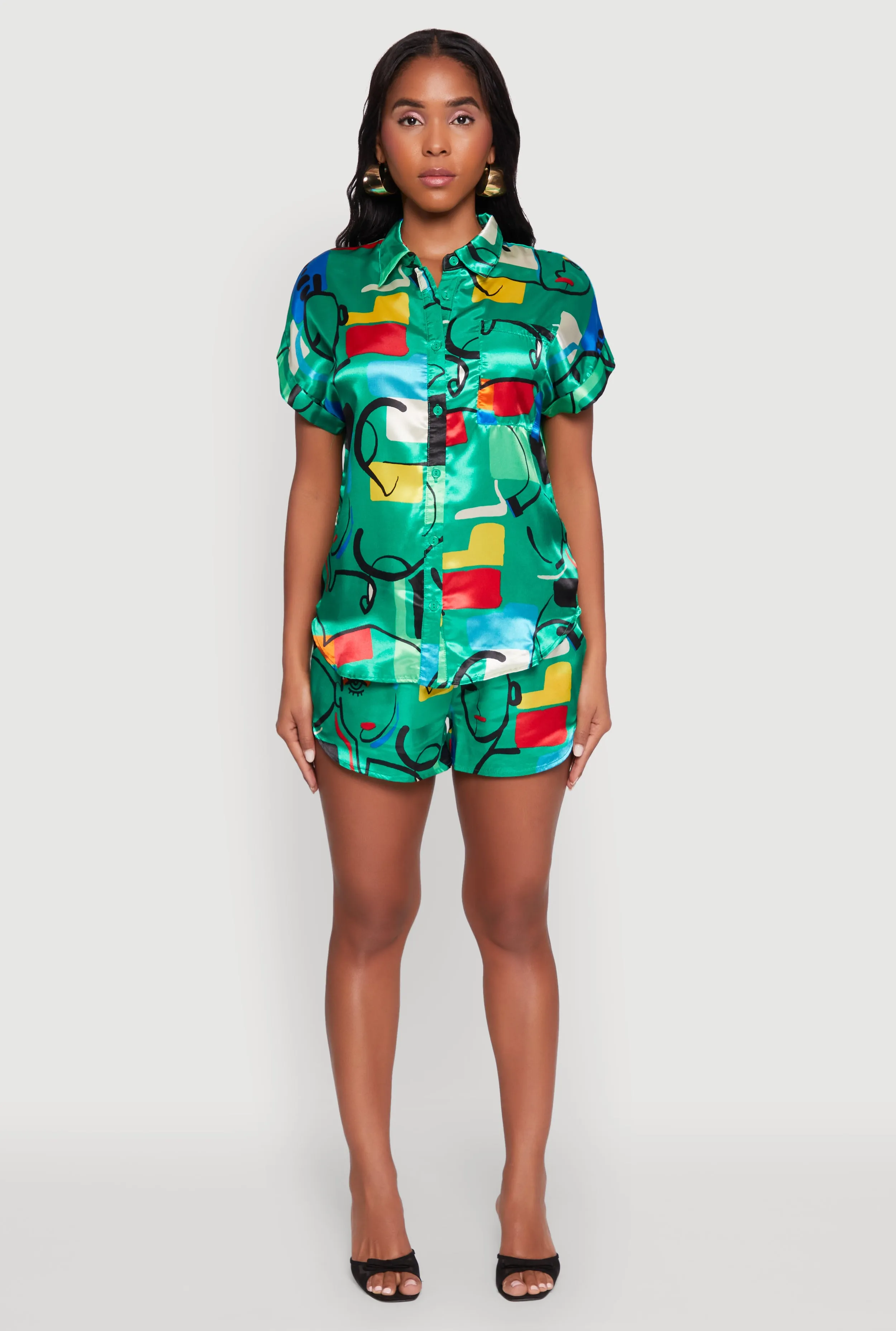 Satin Geometric Print High Waisted Shorts sold by Rainbow