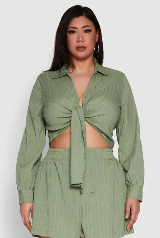 Plus Size Textured Knit Tie Front Crop Top sold by Rainbow