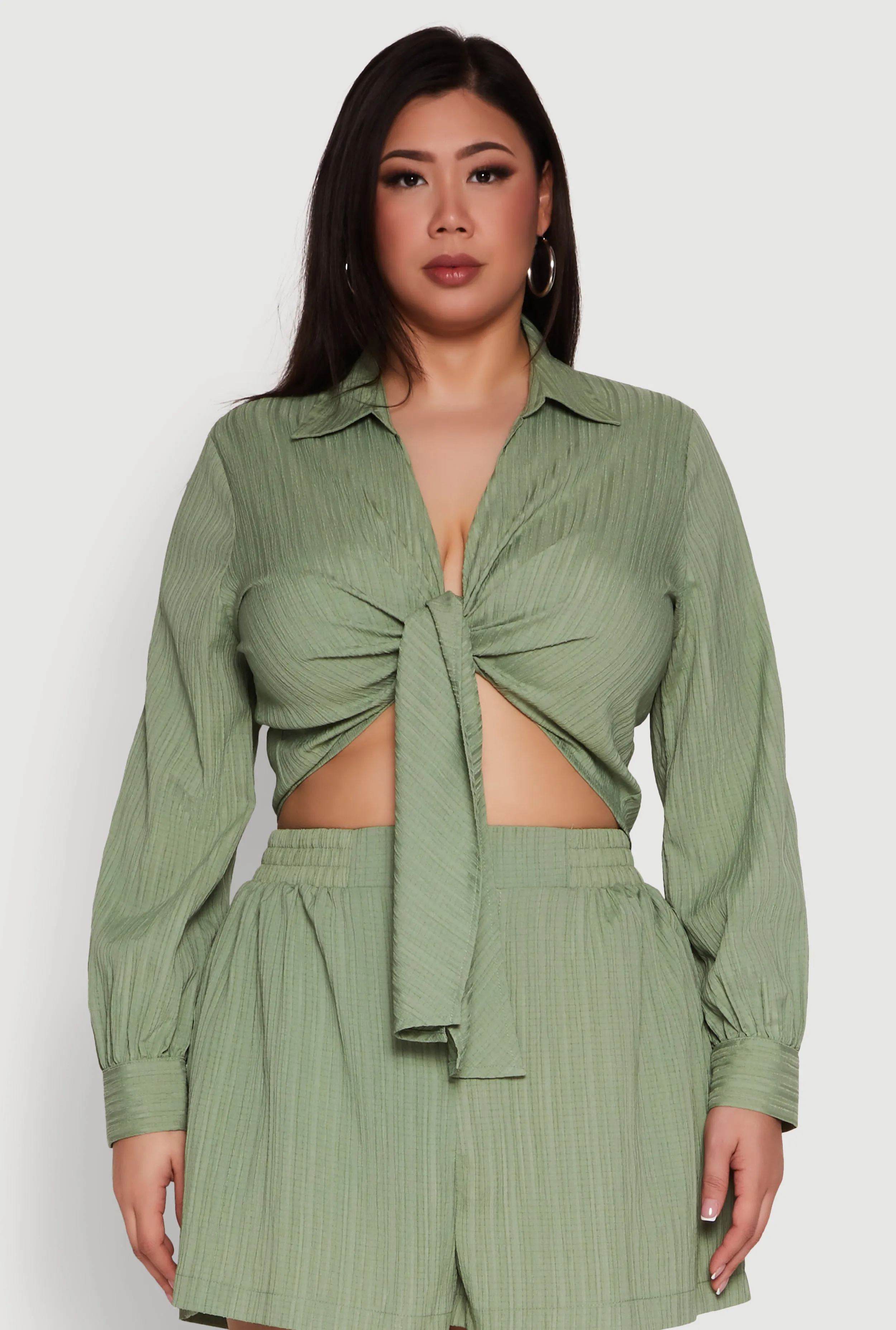 Plus Size Textured Knit Tie Front Crop Top sold by Rainbow