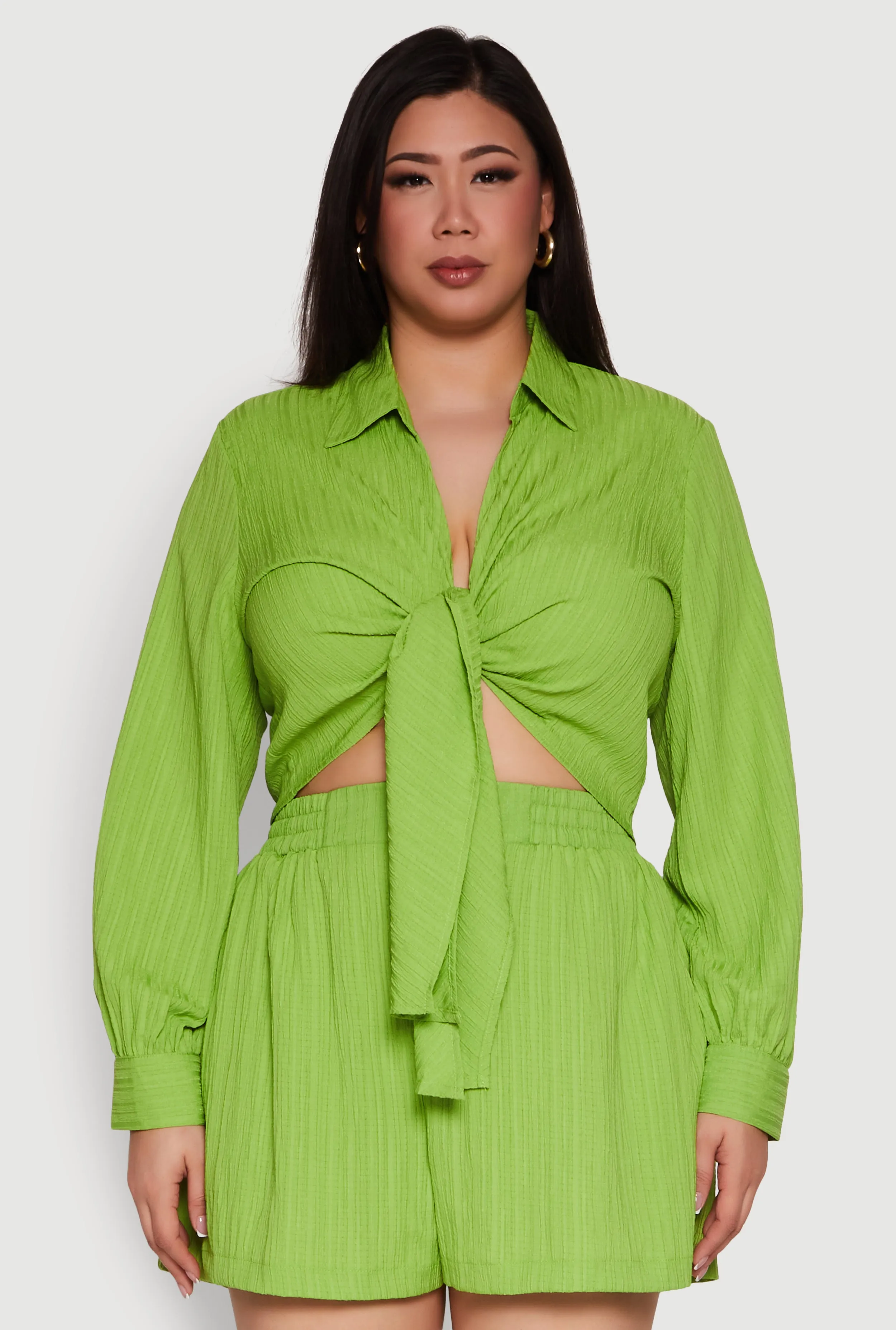 Plus Size Textured Knit Tie Front Crop Top sold by Rainbow