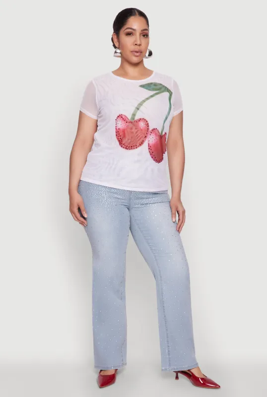 Plus Size Rhinestone Cherry Print Mesh Top sold by Rainbow