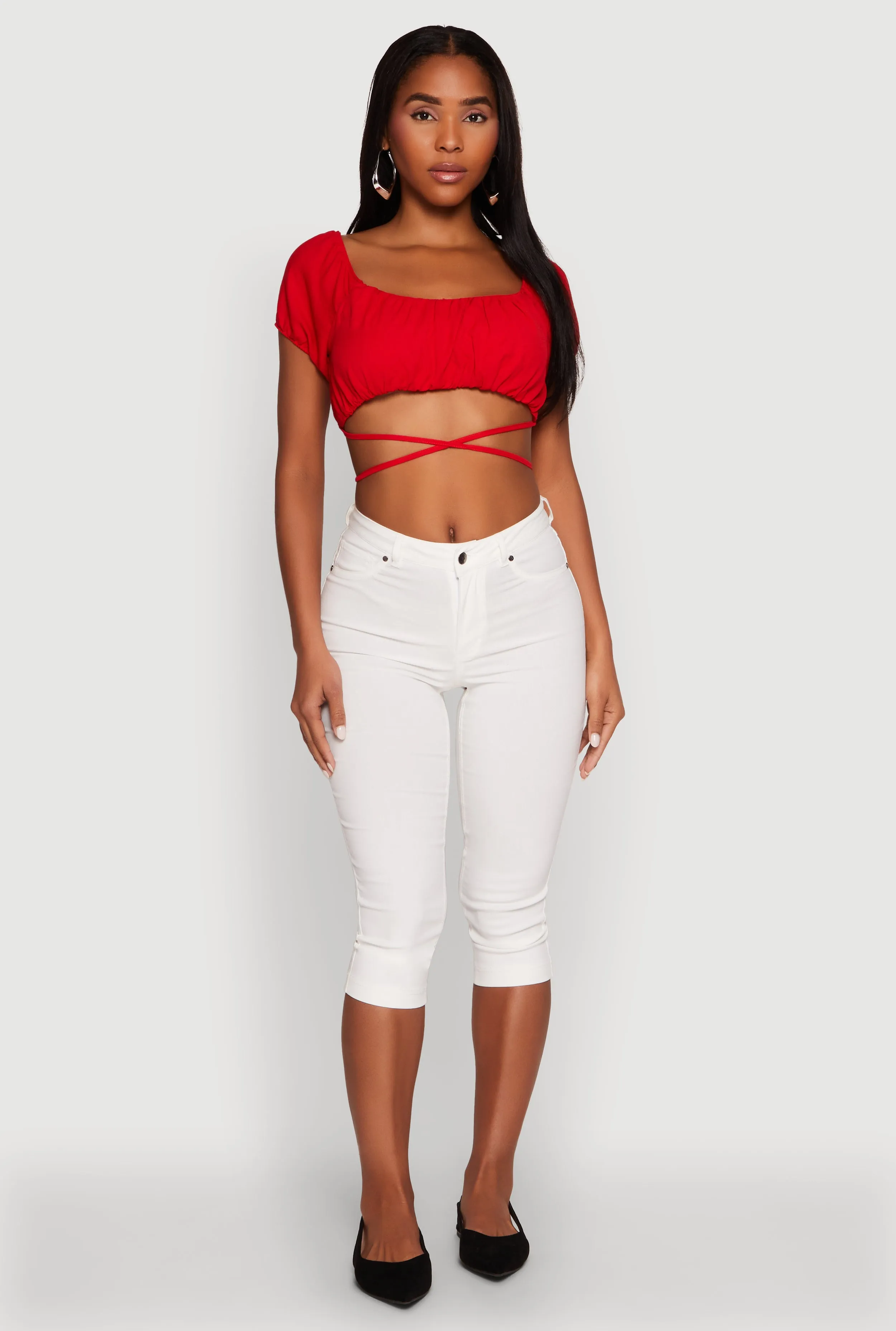 Ruched Tie Back Bubble Sleeve Crop Top sold by Rainbow