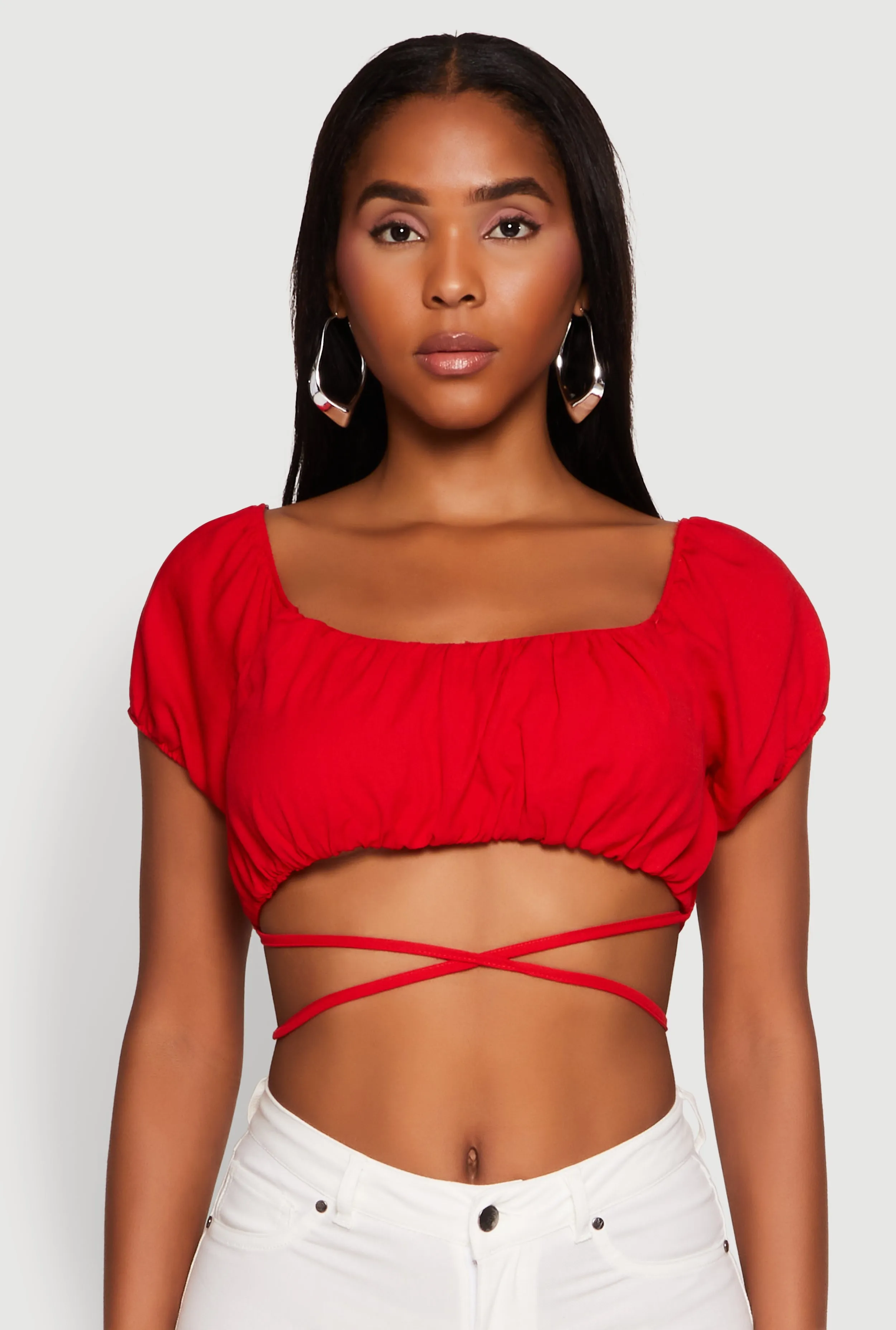 Ruched Tie Back Bubble Sleeve Crop Top sold by Rainbow product image thumbnail 2