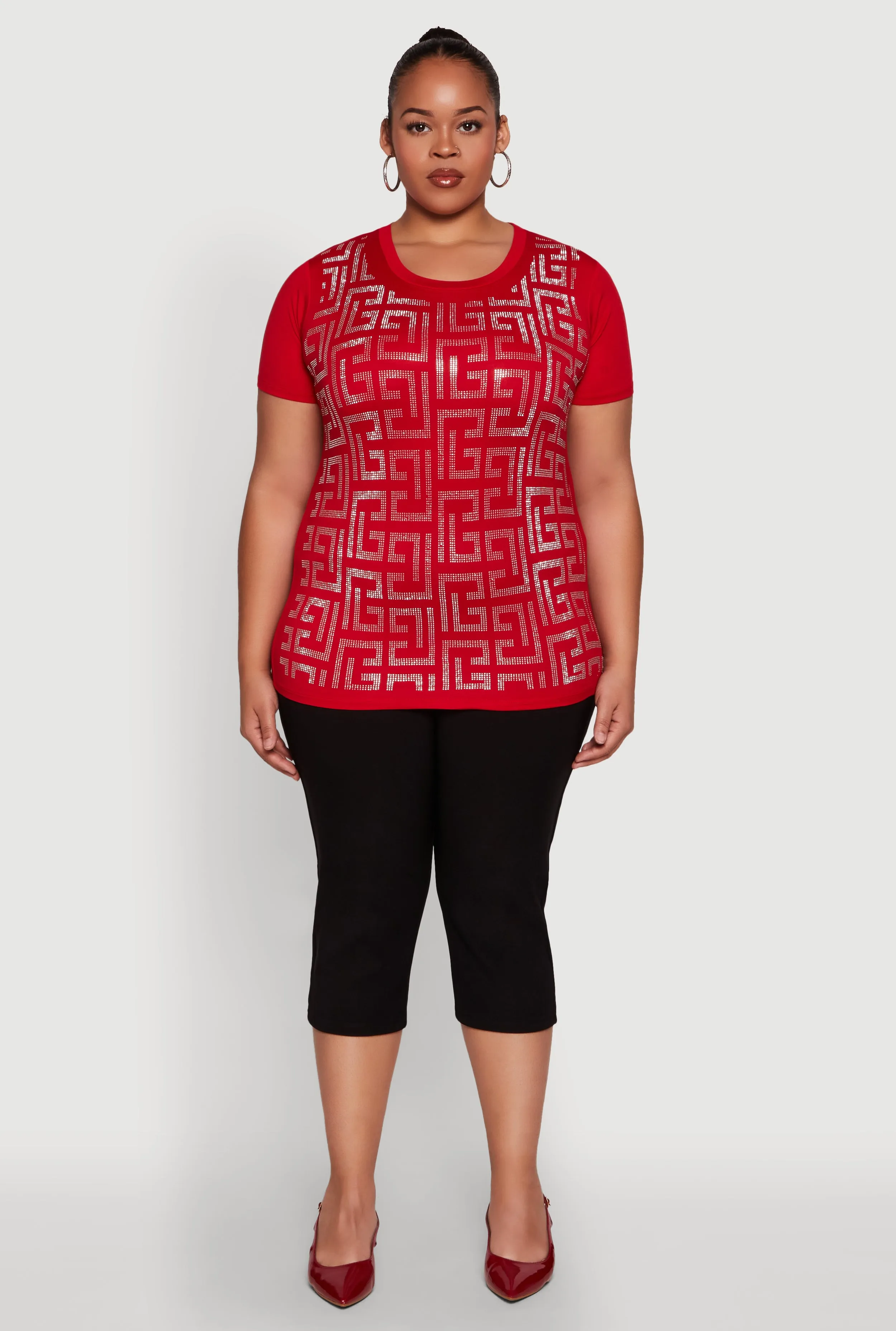 Plus Size Soft Knit Greek Key Rhinestone T Shirt sold by Rainbow