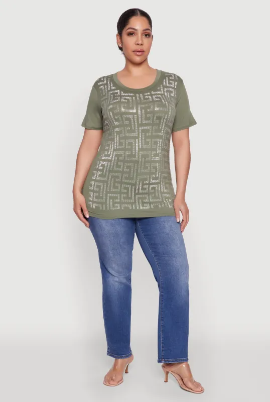Plus Size Soft Knit Greek Key Rhinestone T Shirt sold by Rainbow