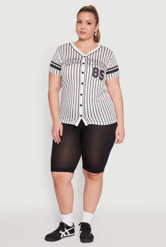 Plus Size Striped New York Print Jersey Mesh Tee sold by Rainbow