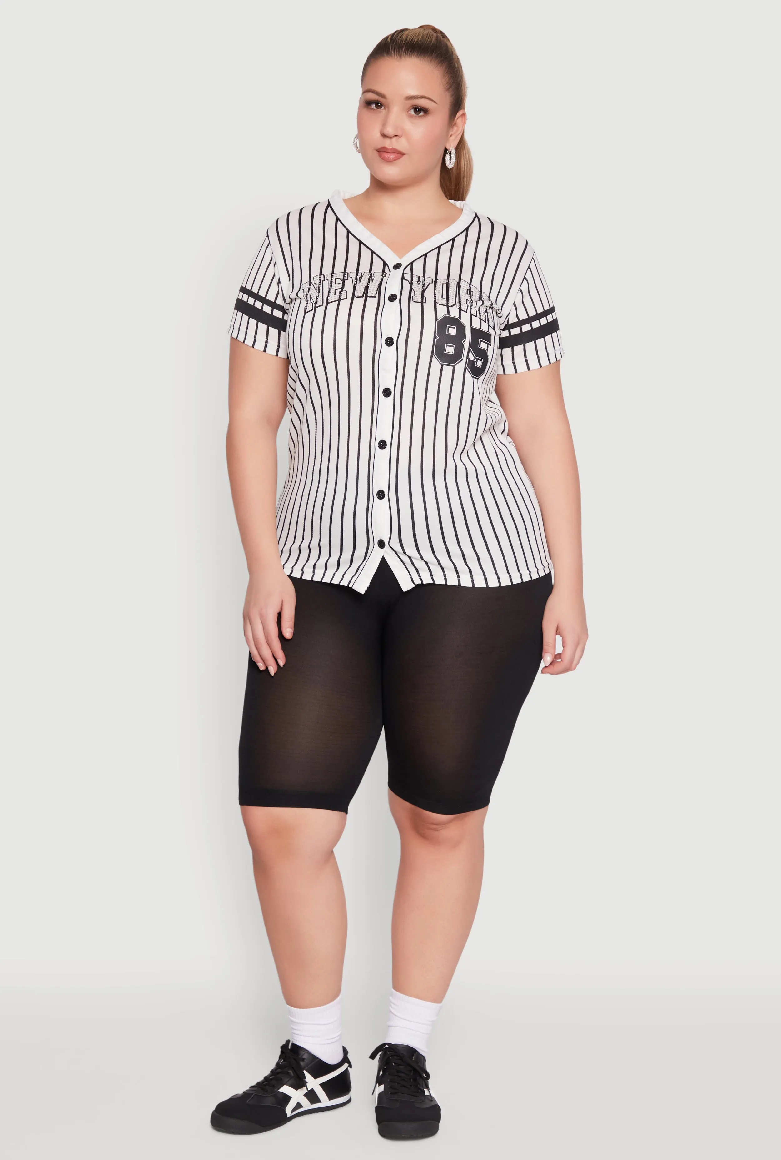 Plus Size Striped New York Print Jersey Mesh Tee sold by Rainbow
