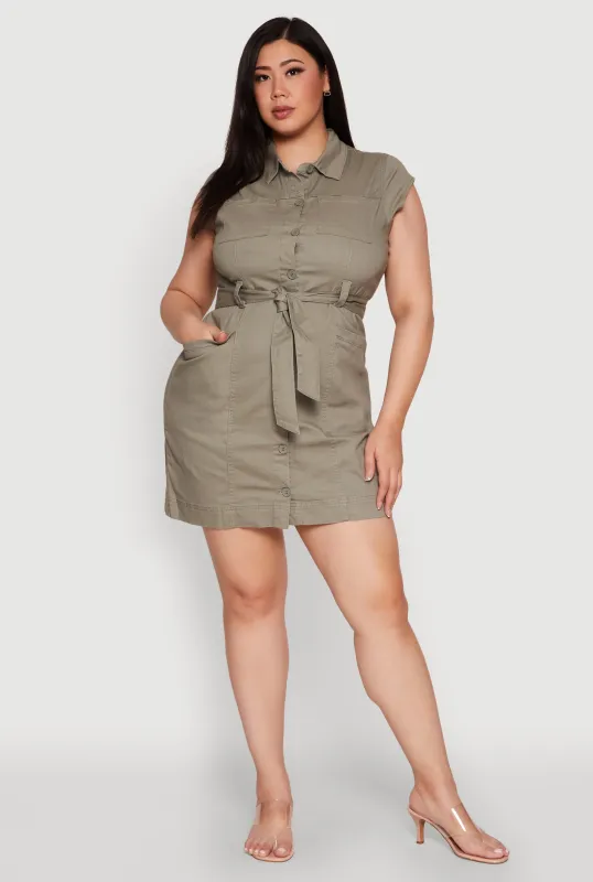Plus Size Denim Cargo Pocket Shirt Dress sold by Rainbow
