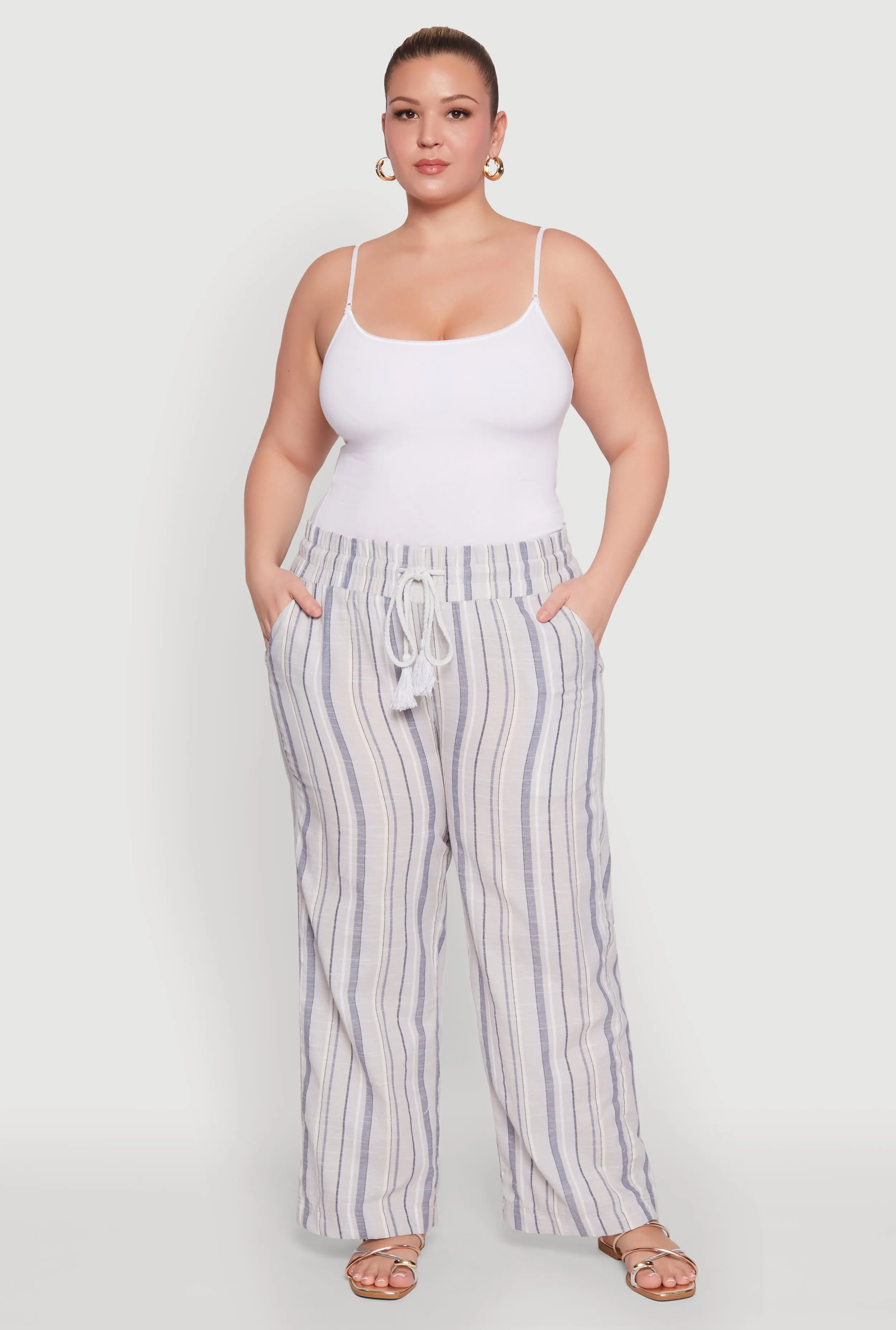 Plus Size Striped Drawstring Waist Palazzo Pants sold by Rainbow