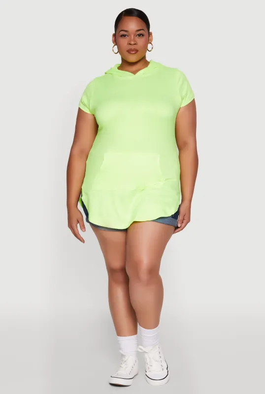 Plus Size Kangaroo Pocket Side Slit Hooded Tee sold by Rainbow