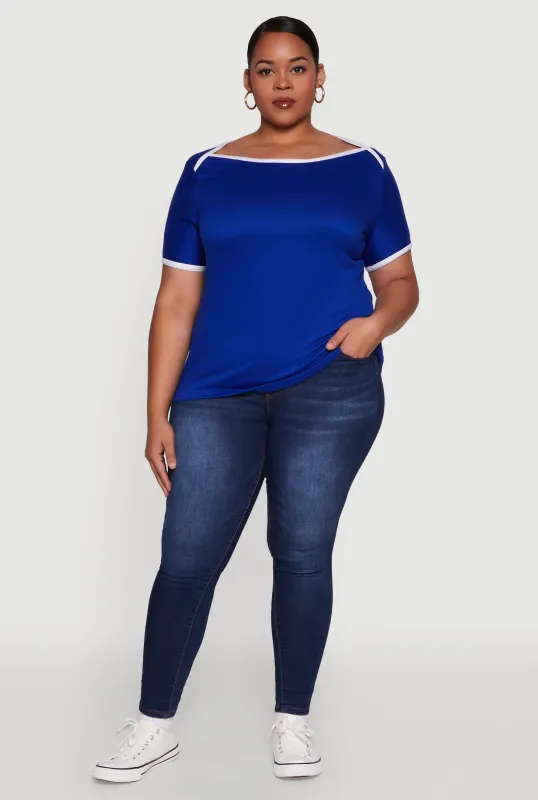 Plus Size Contrast Trim Short Sleeve Top sold by Rainbow
