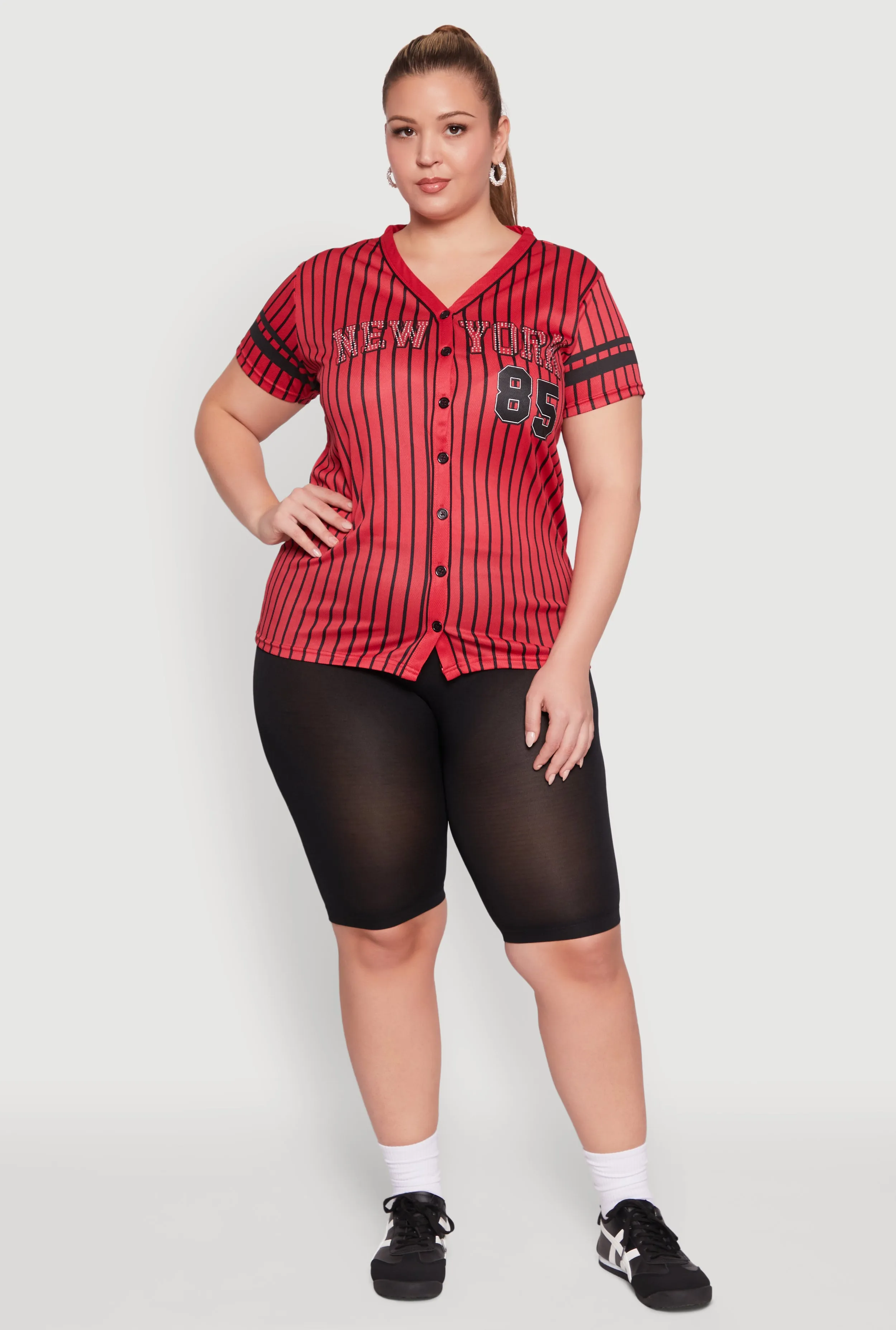 Plus Size Striped New York Print Jersey Mesh Tee sold by Rainbow