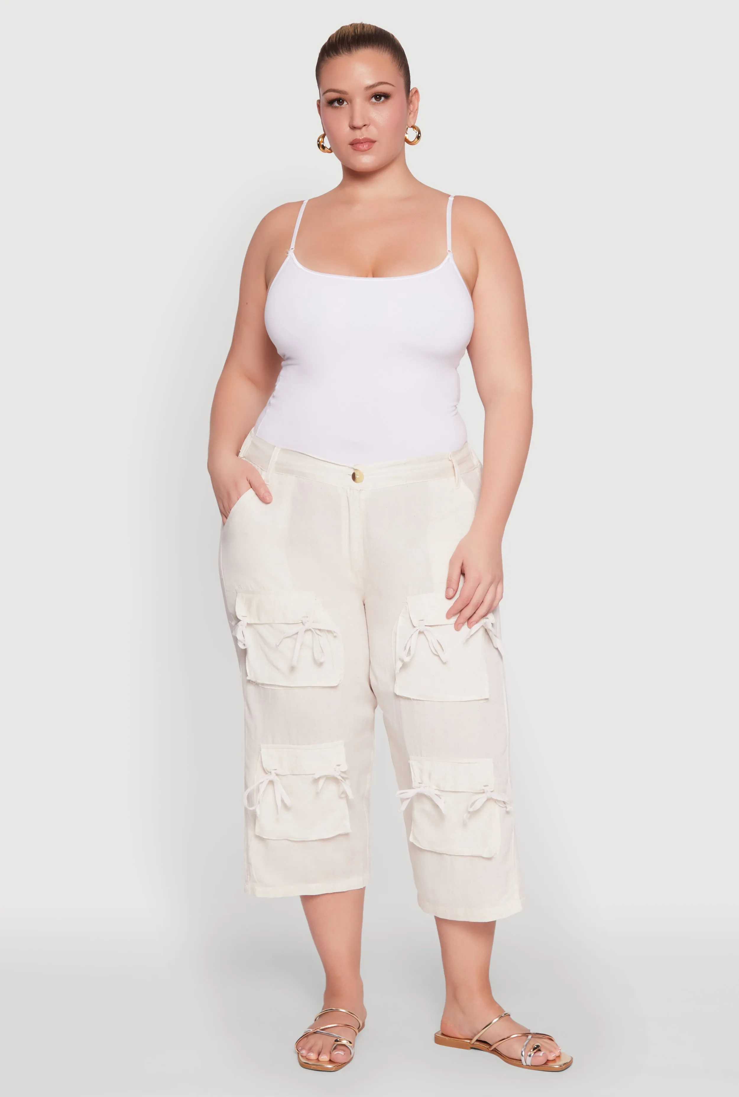 Plus Size Tie Cargo Pocket Capri Pants sold by Rainbow