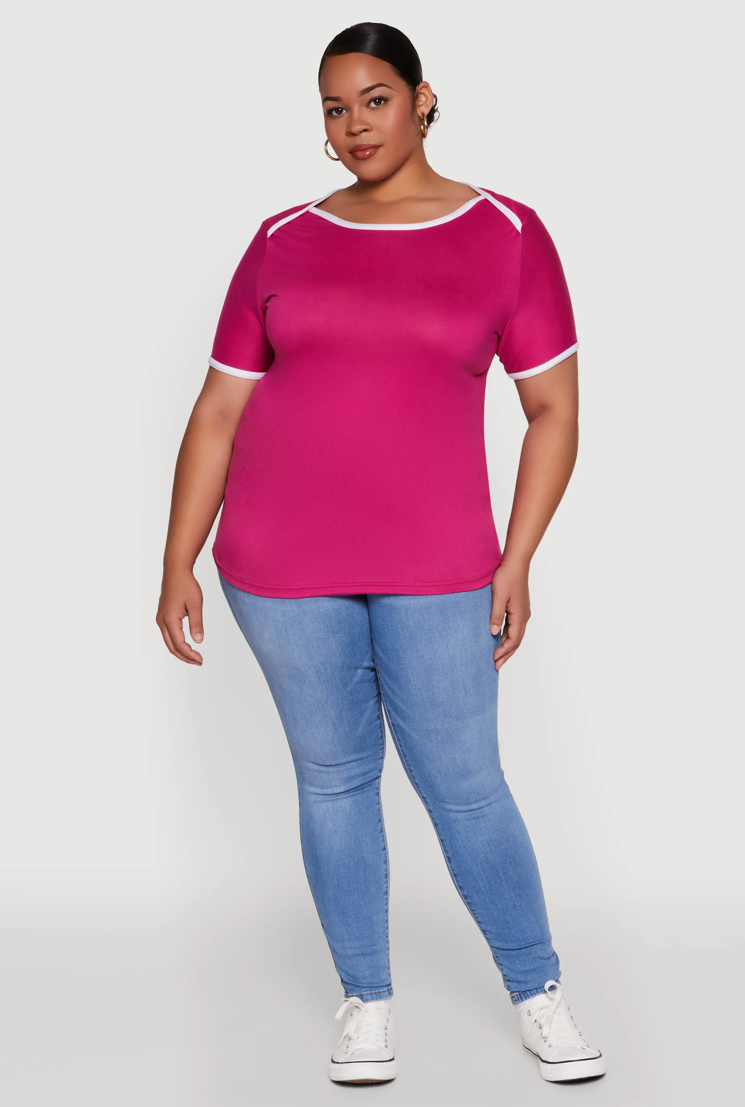 Plus Size Contrast Trim Short Sleeve Top sold by Rainbow