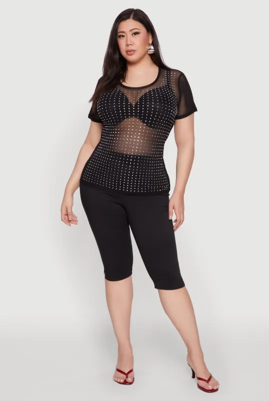 Plus Size Mesh Rhinestone Studded T Shirt sold by Rainbow