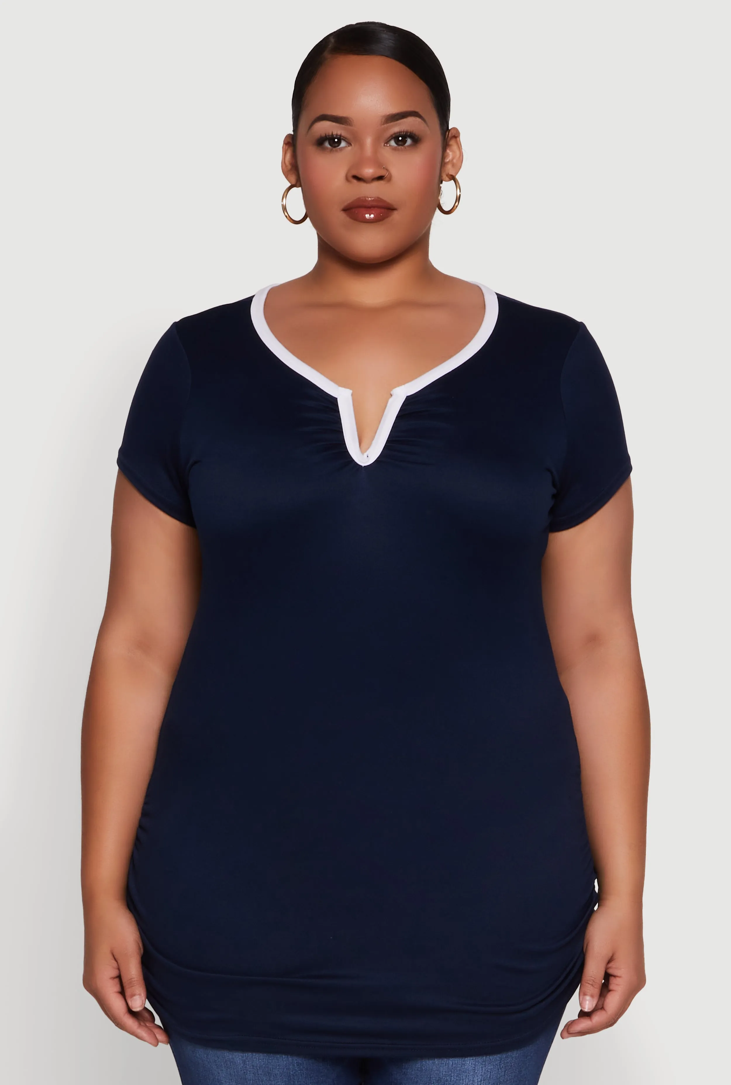 Plus Size Ruched Contrast Trim Notch Neck Top sold by Rainbow product image thumbnail 2