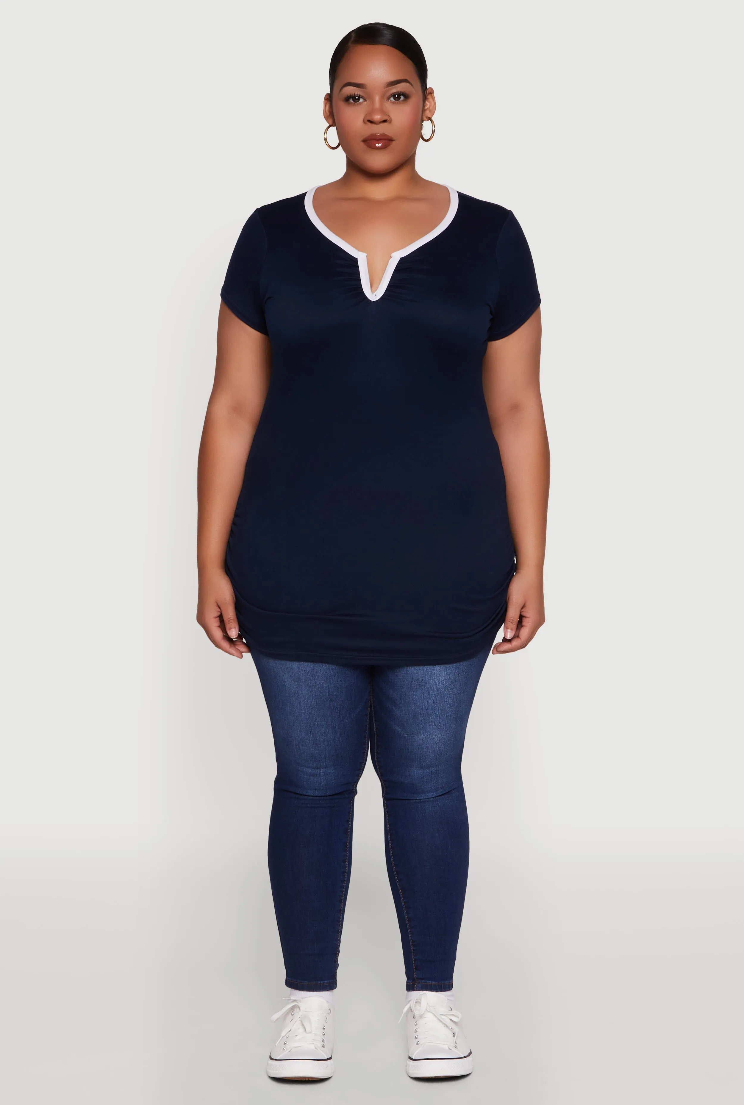 Plus Size Ruched Contrast Trim Notch Neck Top sold by Rainbow product image thumbnail 3