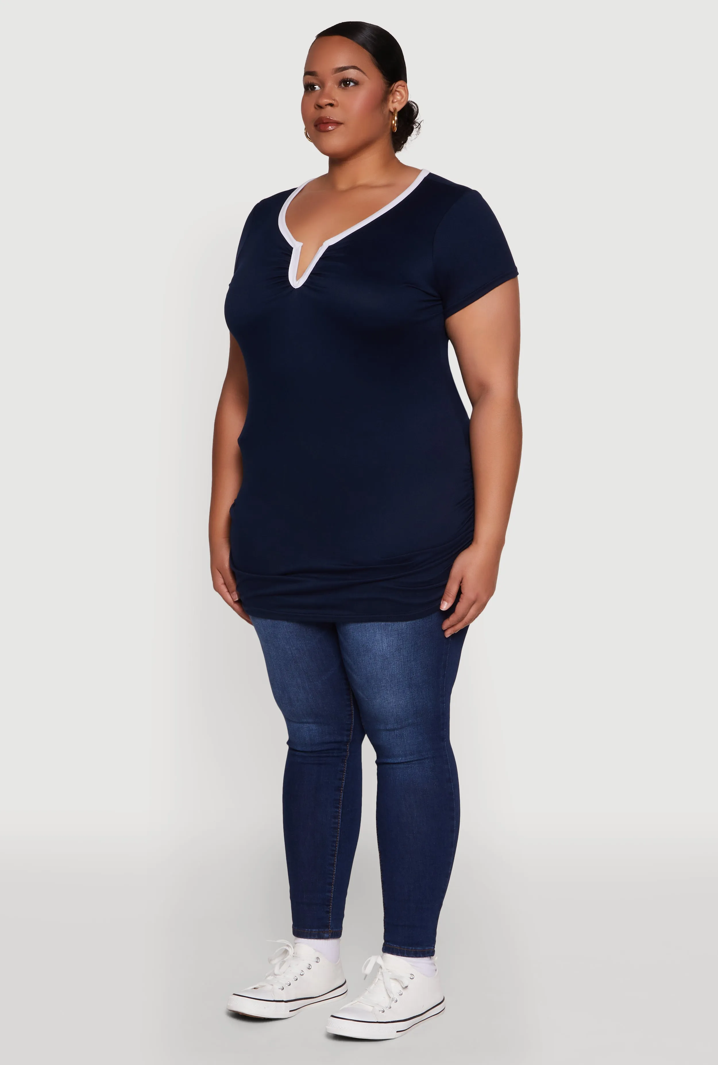 Plus Size Ruched Contrast Trim Notch Neck Top sold by Rainbow product image thumbnail 5