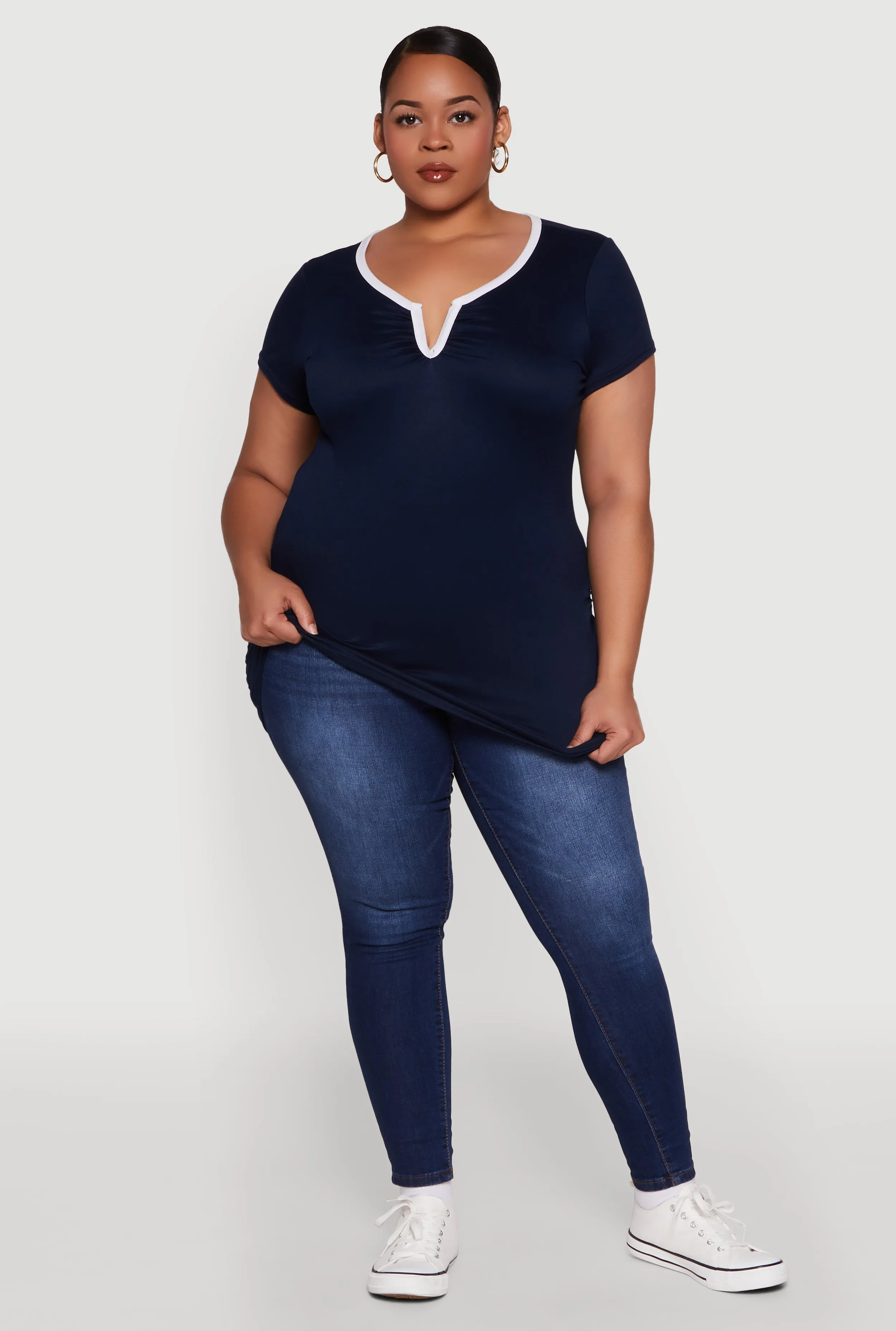 Plus Size Ruched Contrast Trim Notch Neck Top sold by Rainbow