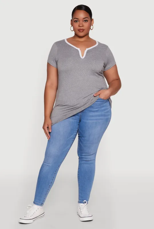 Plus Size Ruched Contrast Trim Notch Neck Top sold by Rainbow