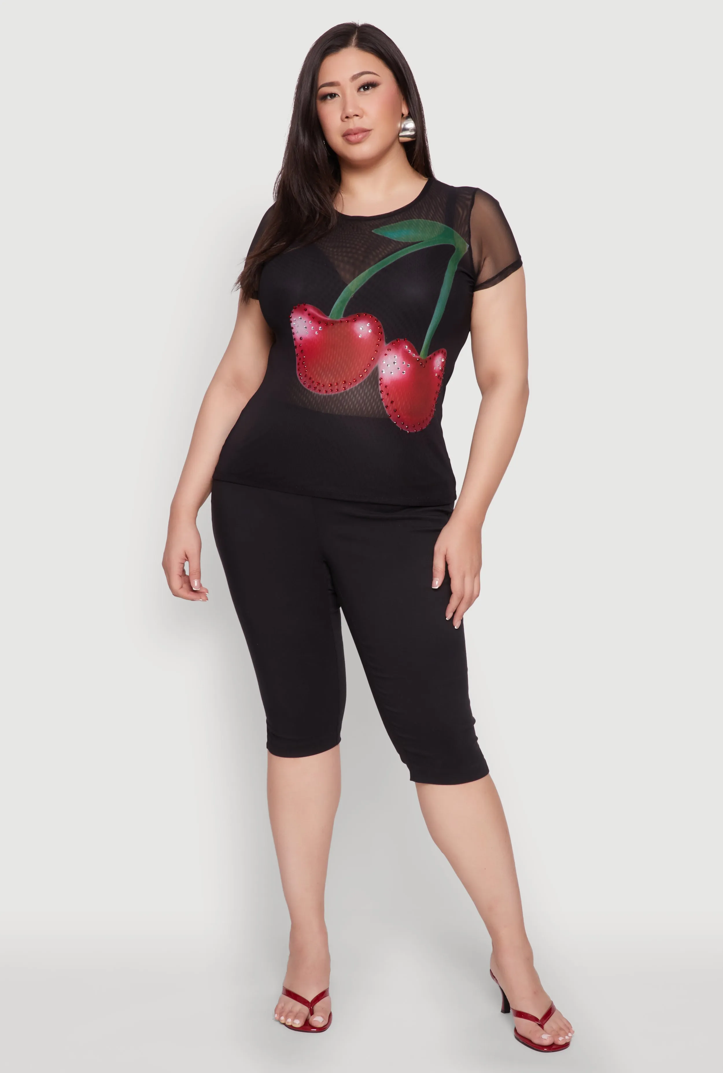 Plus Size Rhinestone Cherry Print Mesh Top sold by Rainbow