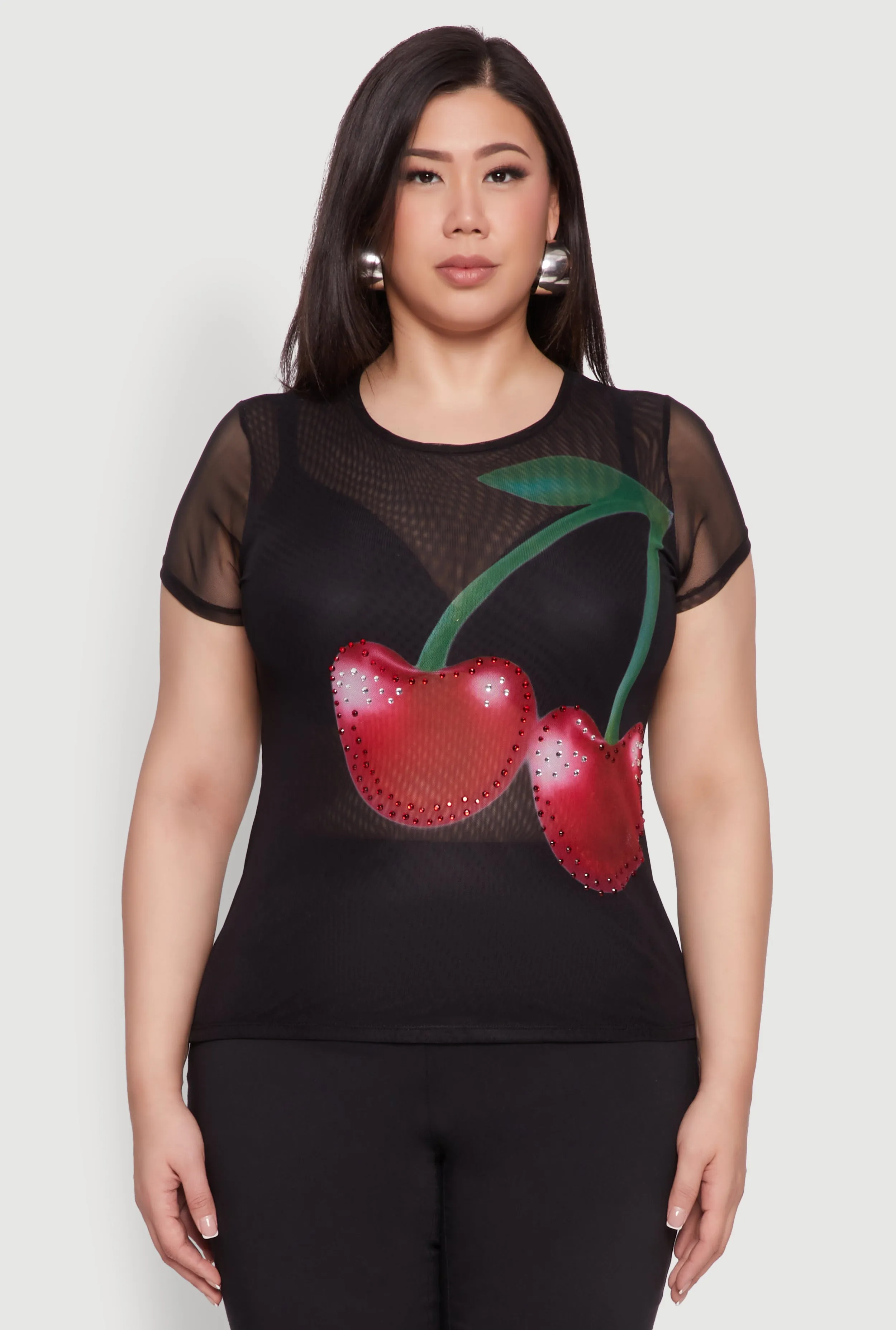 Plus Size Rhinestone Cherry Print Mesh Top sold by Rainbow product image thumbnail 2