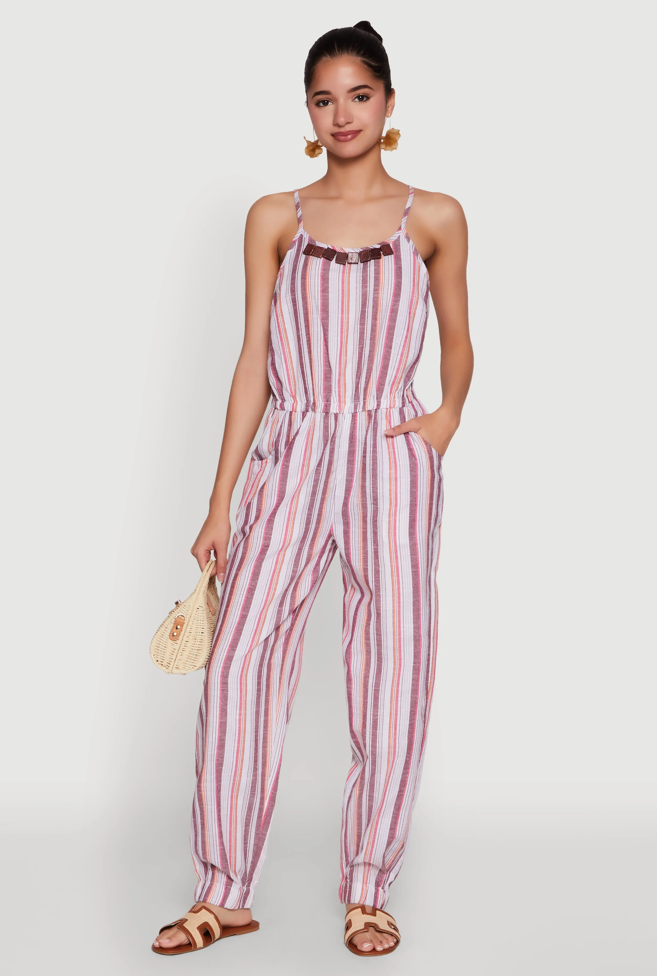 Wooden Beaded Scoop Neck Striped Jumpsuit sold by Rainbow