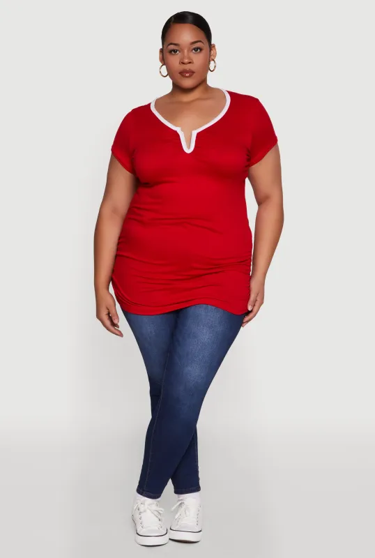 Plus Size Ruched Contrast Trim Notch Neck Top sold by Rainbow