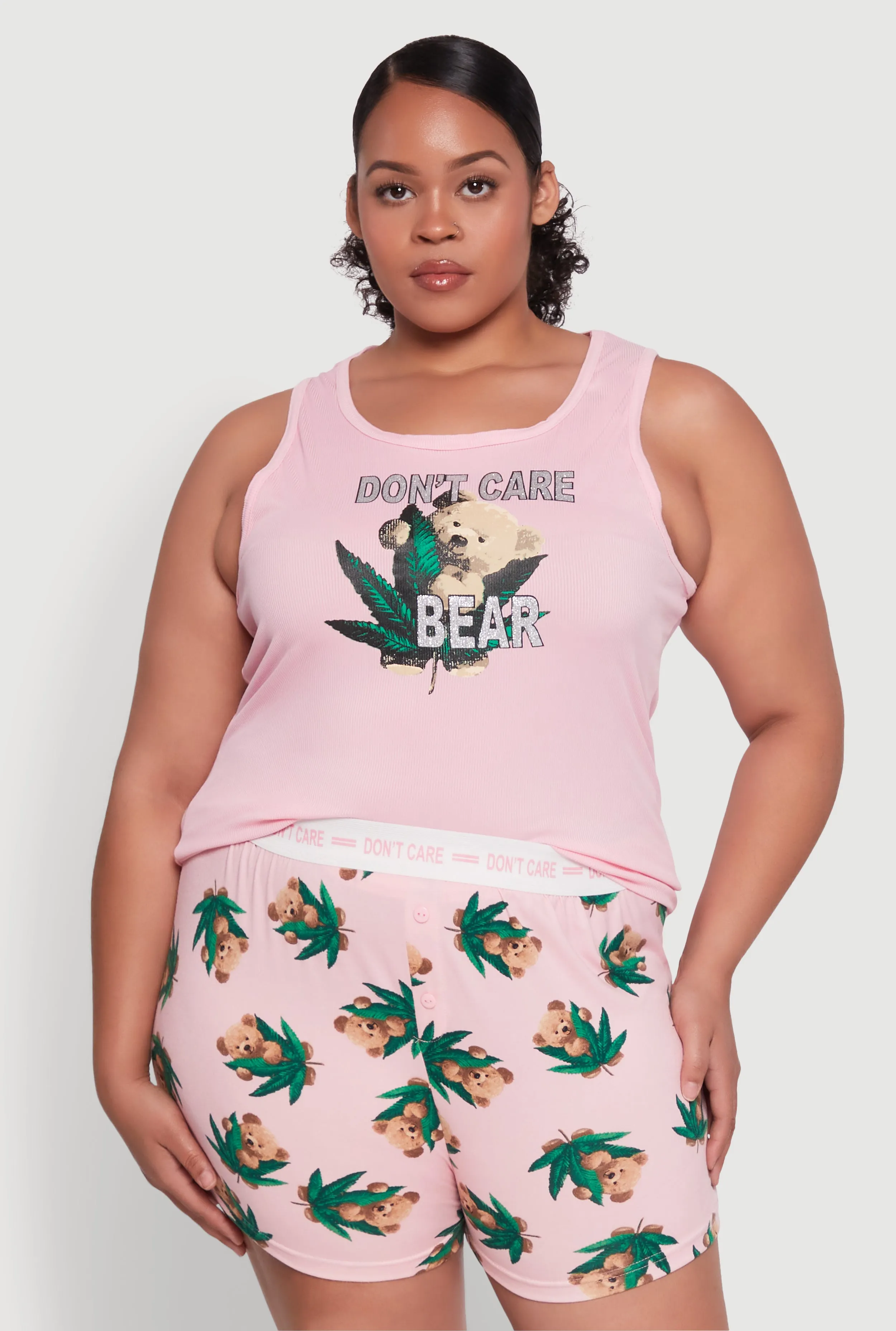 Plus Size Dont Care Bear Graphic Pajama Tank Top and Shorts sold by Rainbow