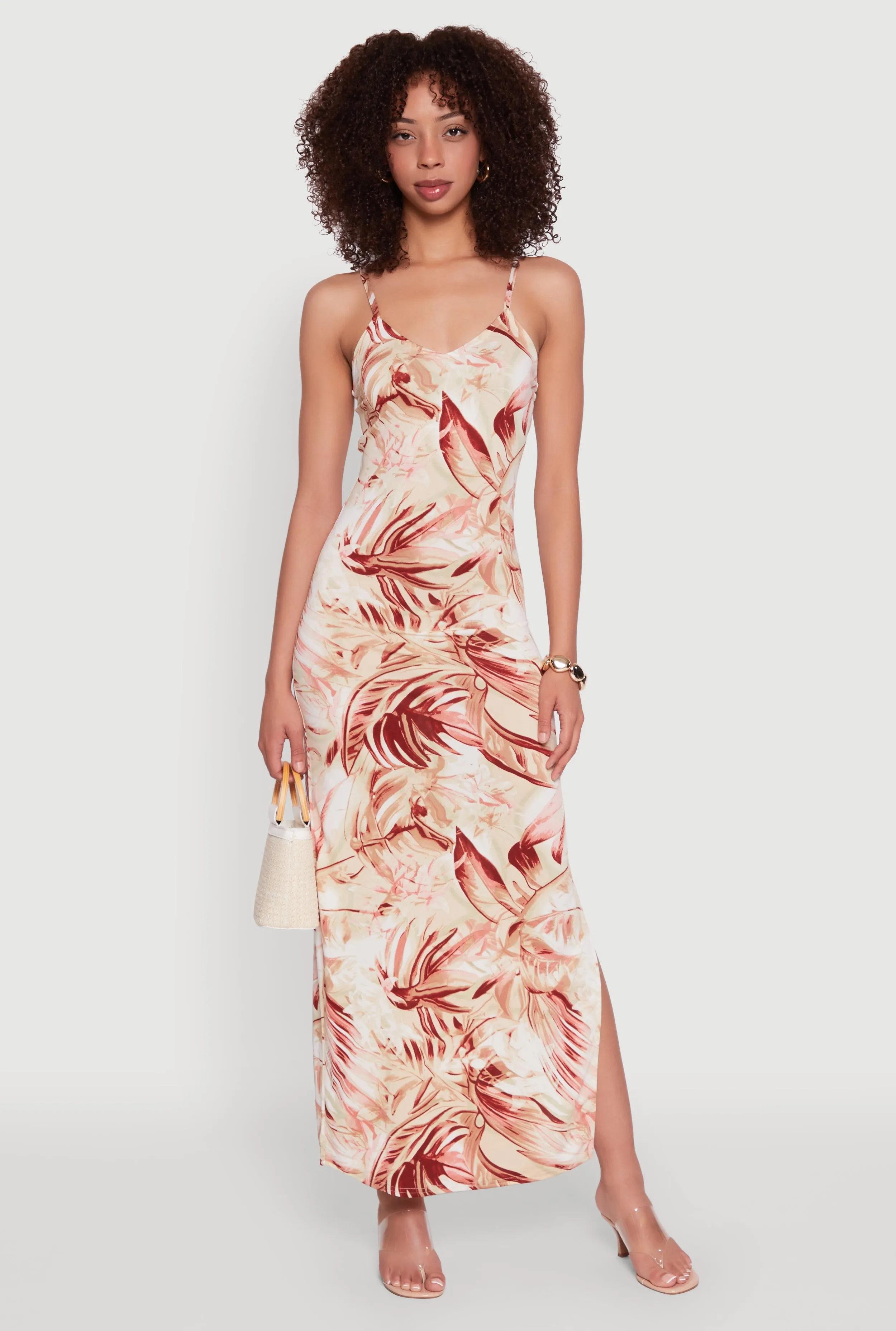 Side Slit Leaf Print Cami Maxi Dress sold by Rainbow