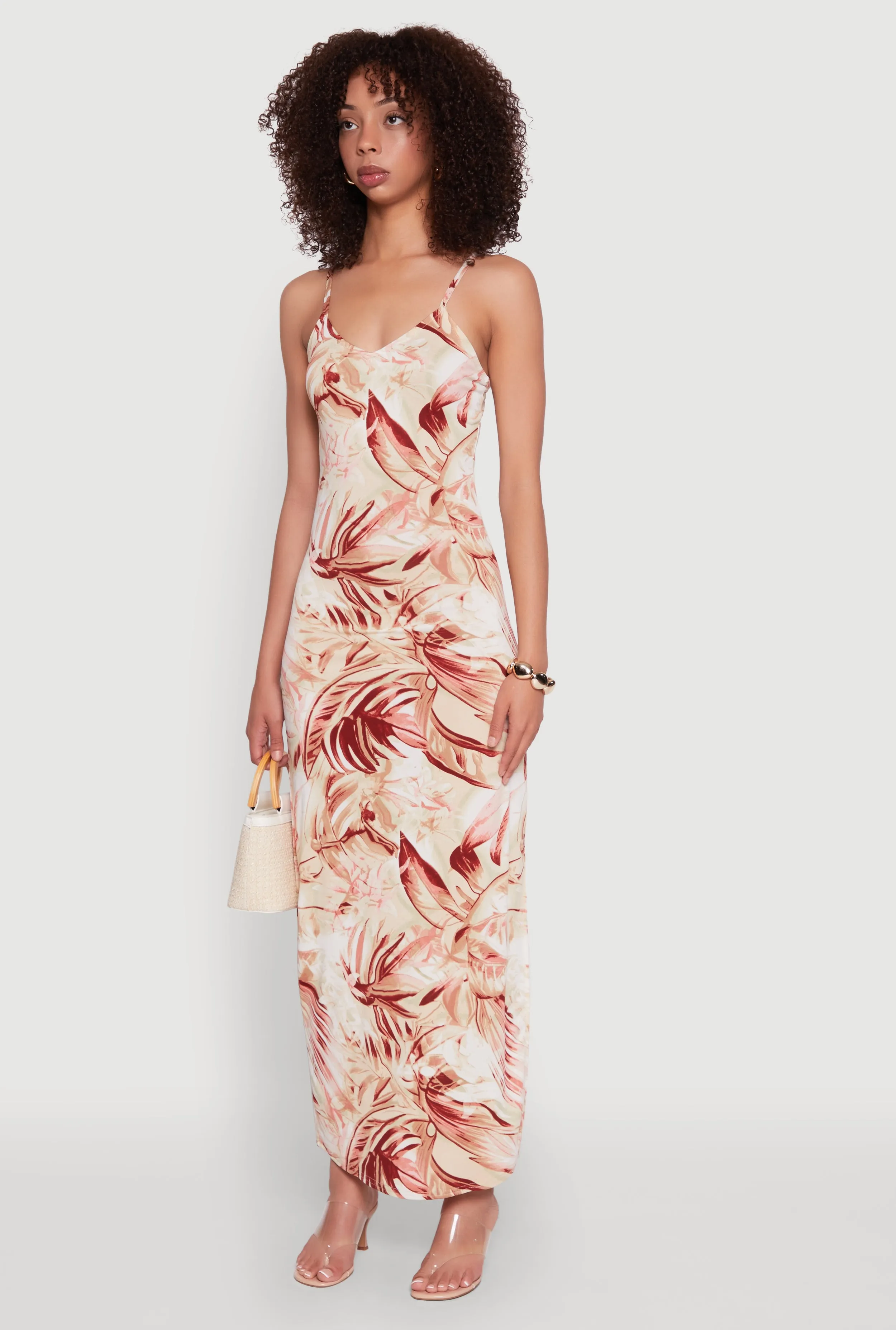 Side Slit Leaf Print Cami Maxi Dress sold by Rainbow product image thumbnail 3