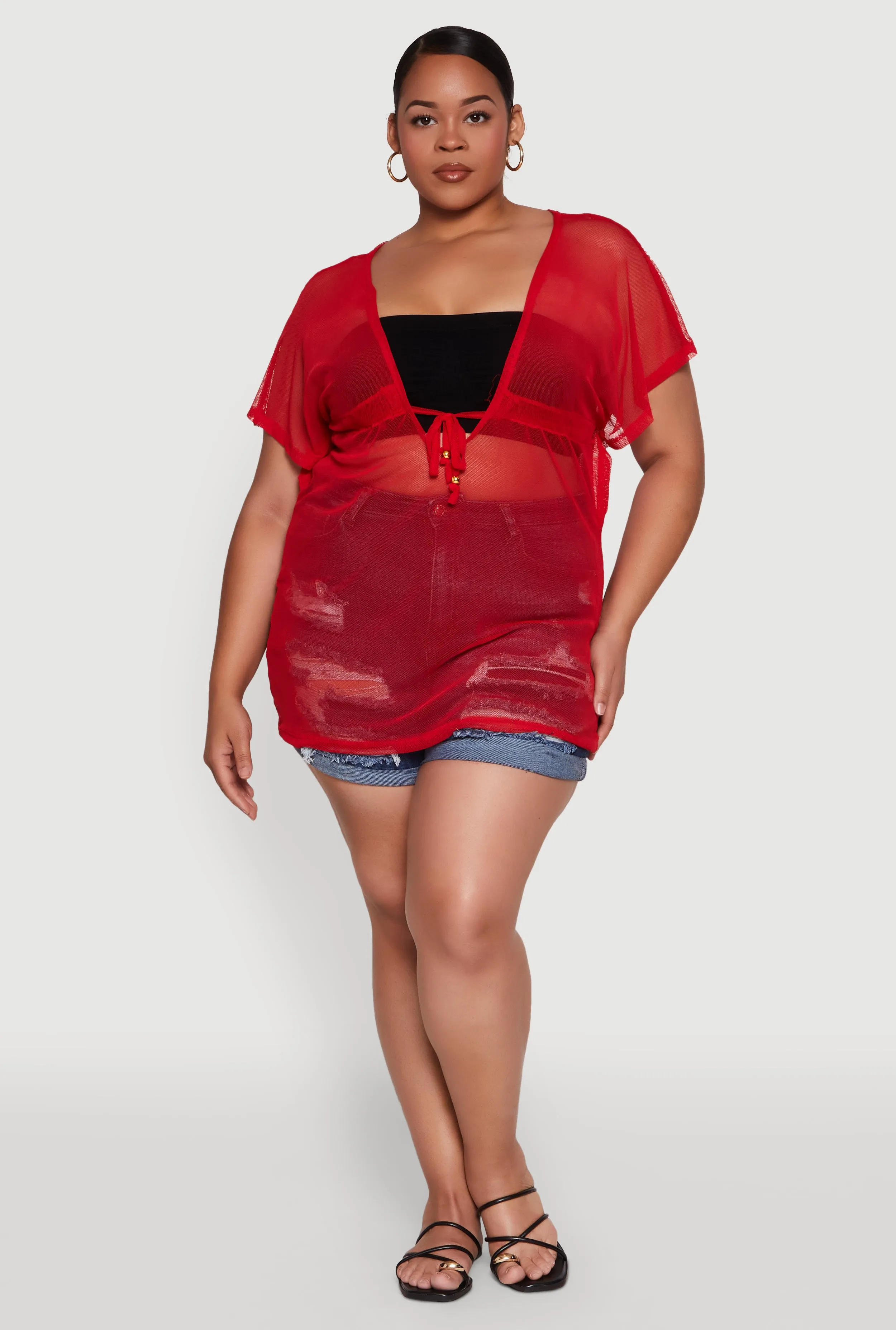 Plus Size Mesh Tie Front Cover Up sold by Rainbow