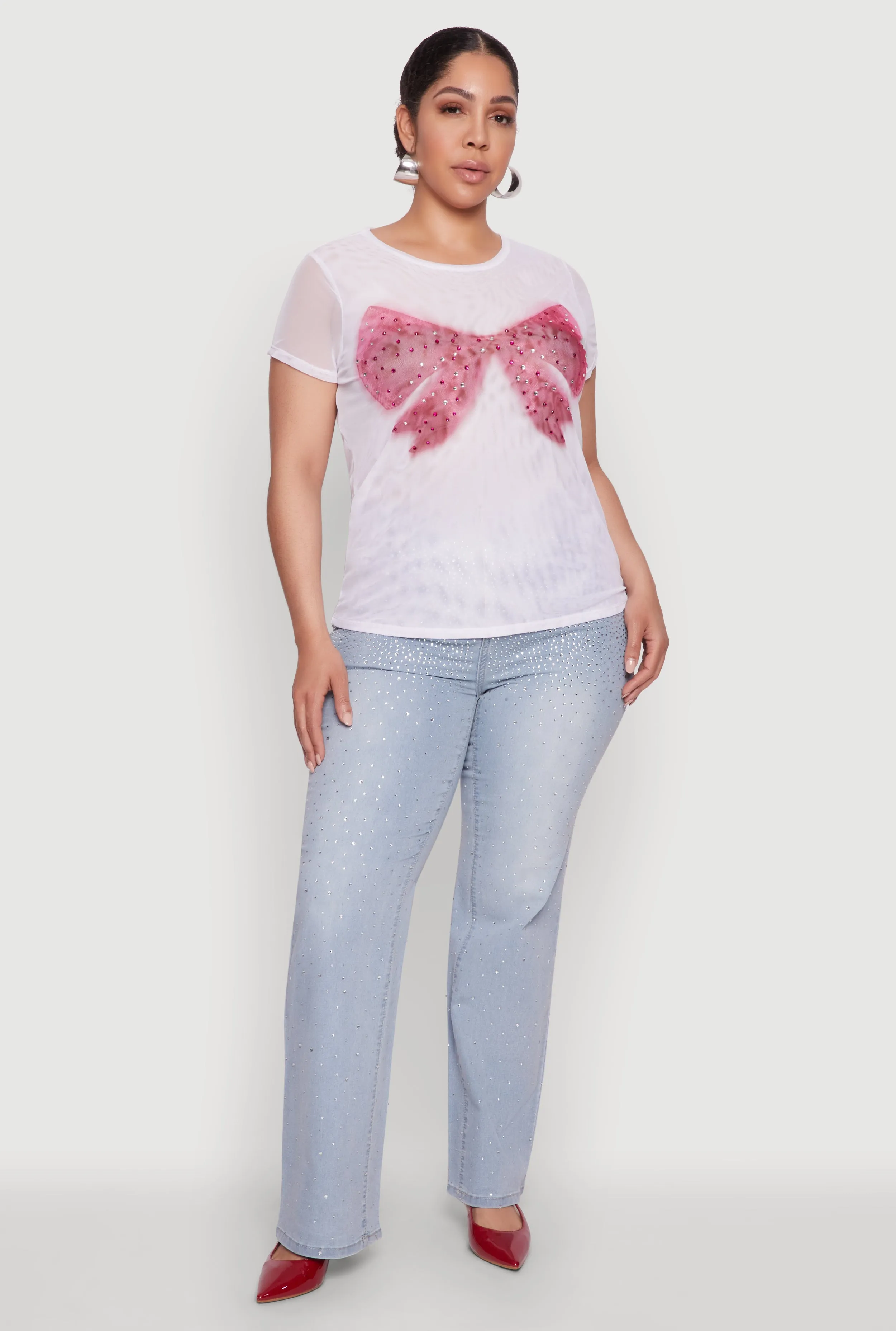 Plus Size Rhinestone Bow Graphic Mesh Top sold by Rainbow