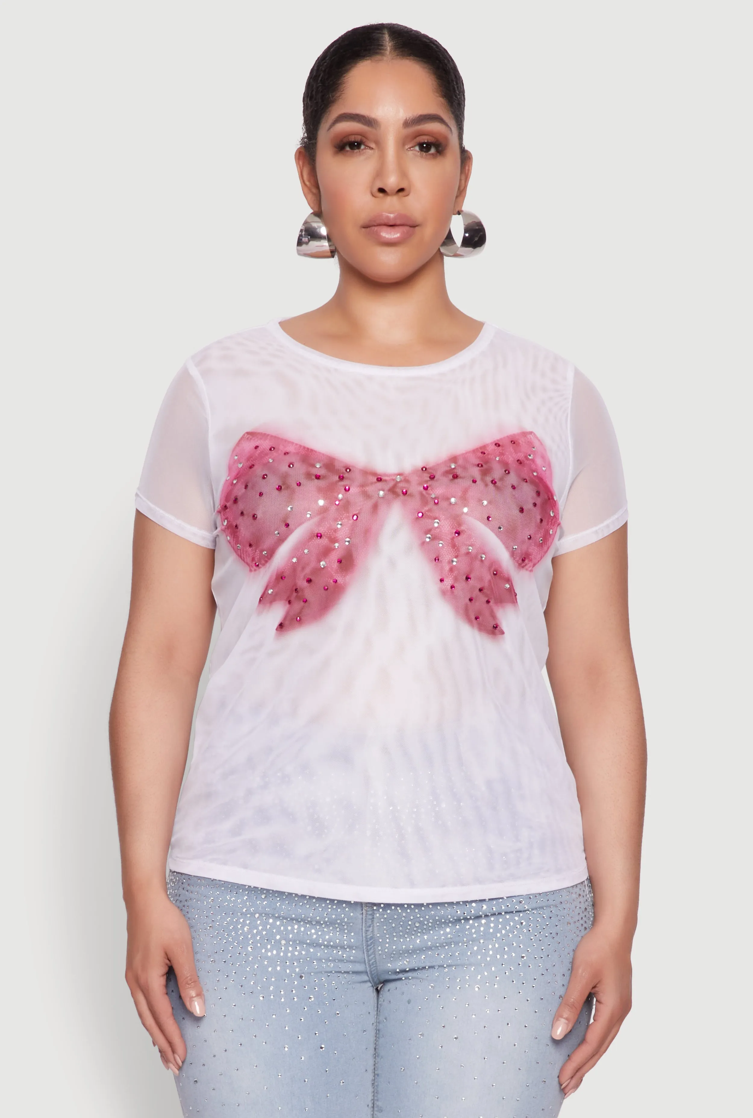 Plus Size Rhinestone Bow Graphic Mesh Top sold by Rainbow product image thumbnail 2