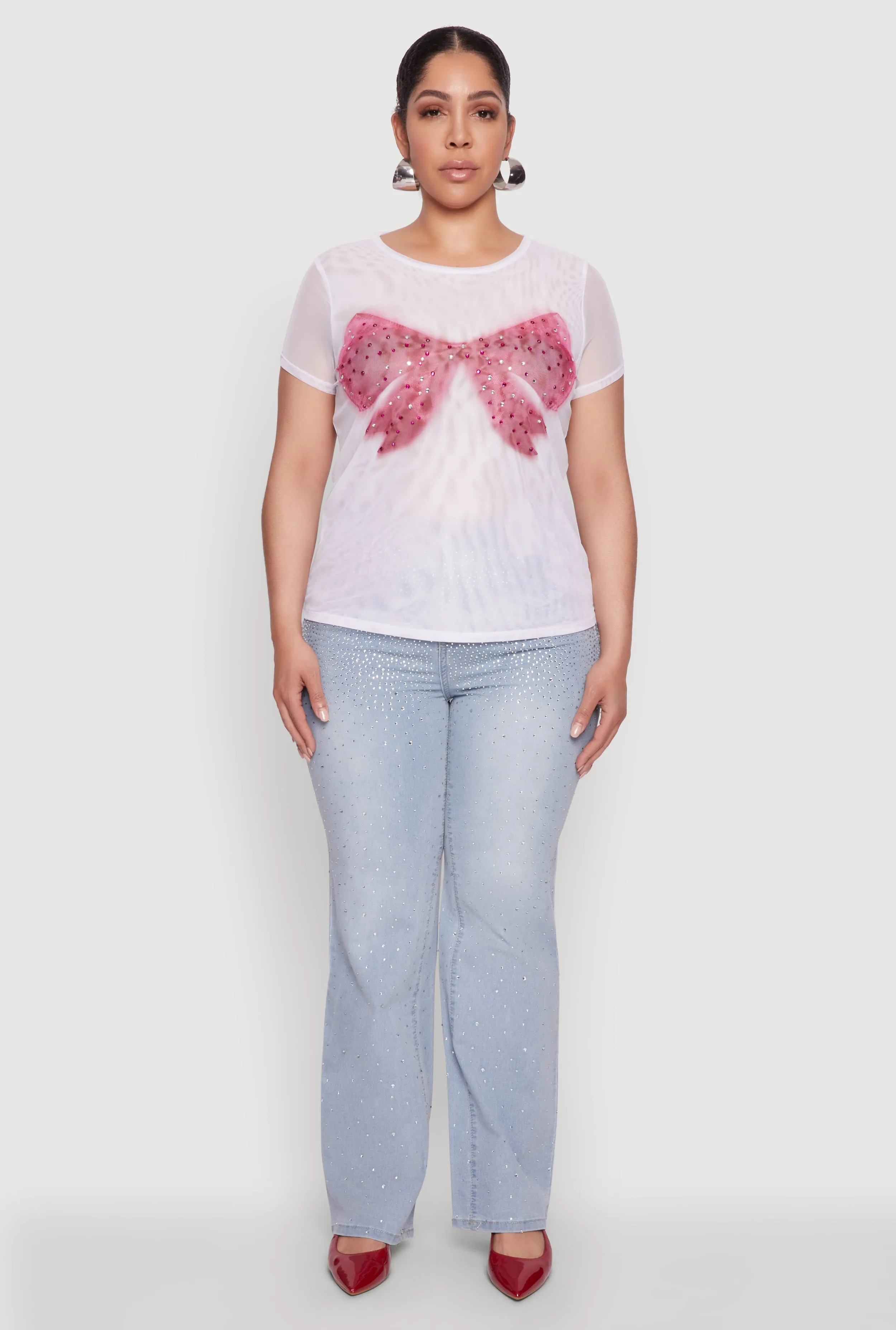 Plus Size Rhinestone Bow Graphic Mesh Top sold by Rainbow product image thumbnail 3