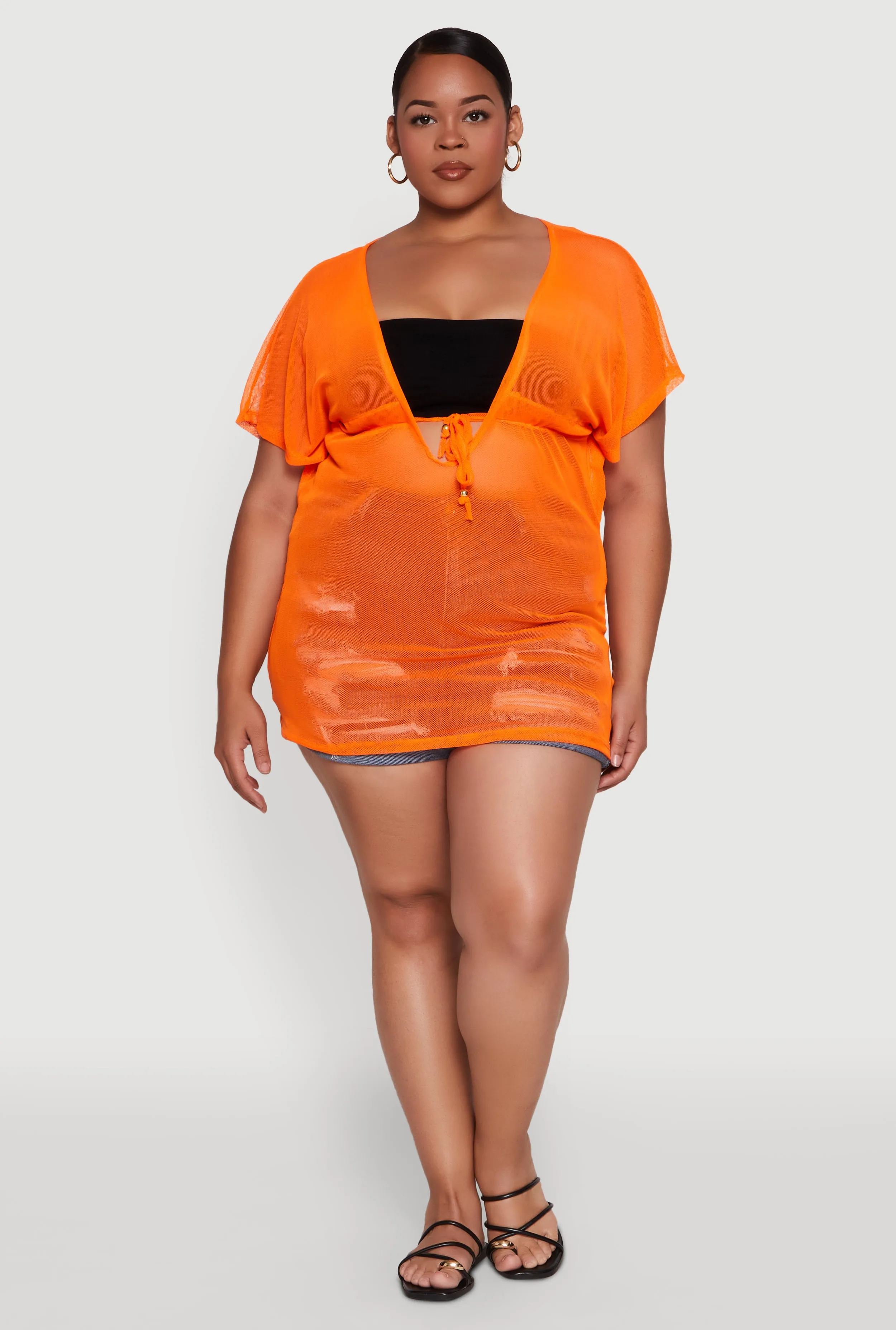 Plus Size Mesh Tie Front Cover Up sold by Rainbow