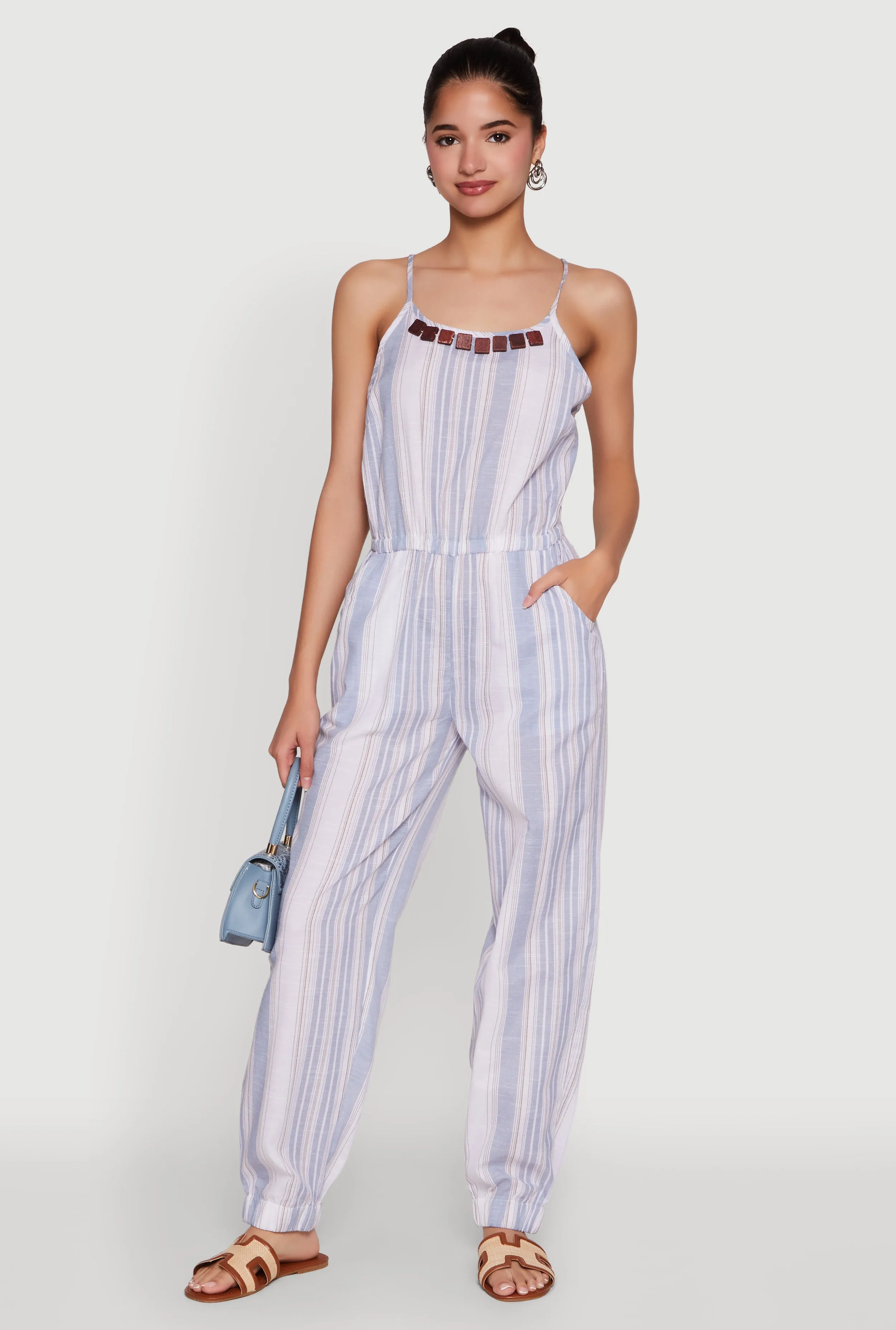 Wooden Beaded Scoop Neck Striped Jumpsuit sold by Rainbow