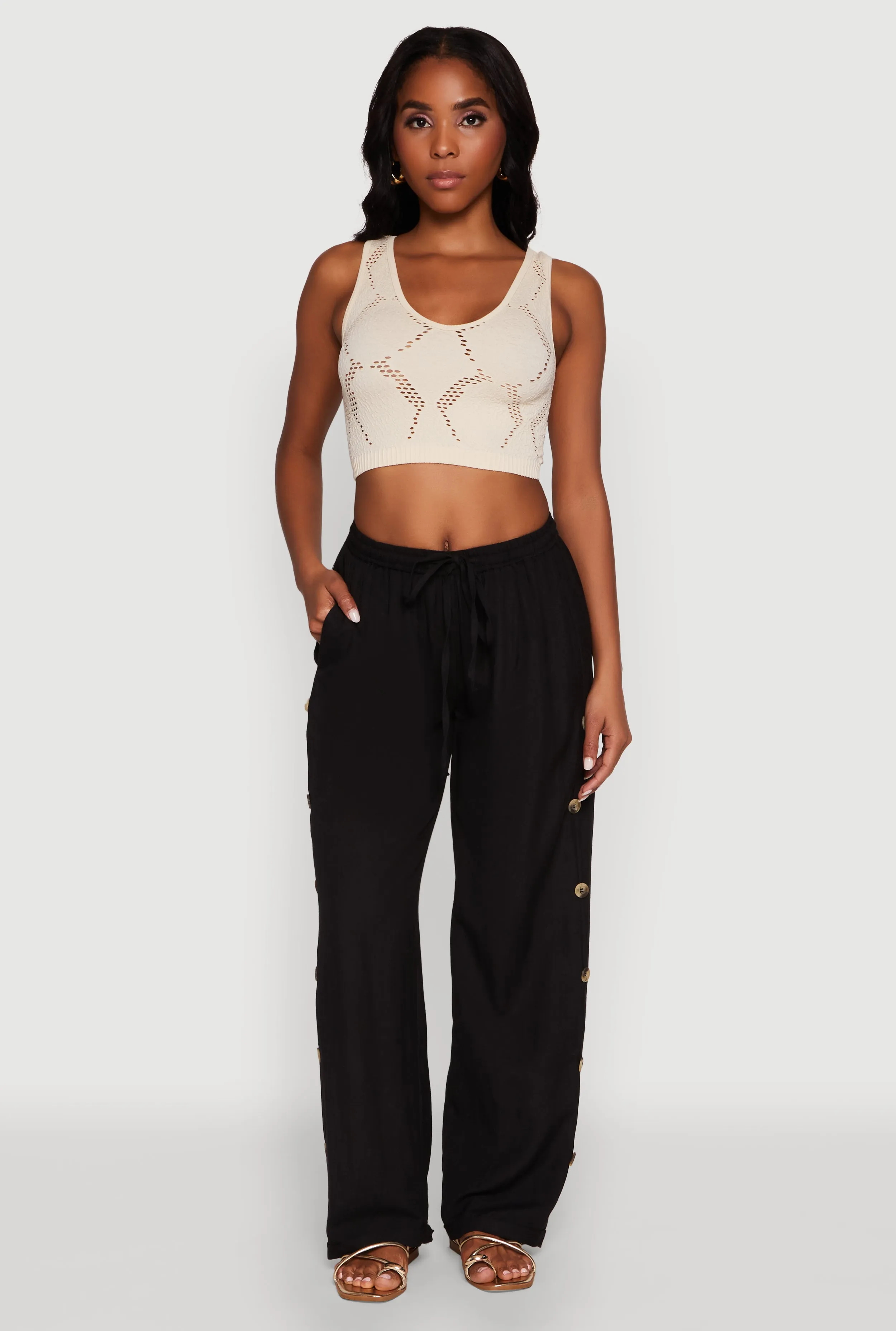 Side Button Detail Linen Pants sold by Rainbow