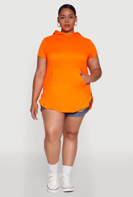 Plus Size Kangaroo Pocket Side Slit Hooded Tee sold by Rainbow