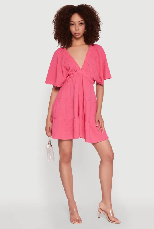 Gauze Knit Plunge Tiered Mini Dress sold by Rainbow