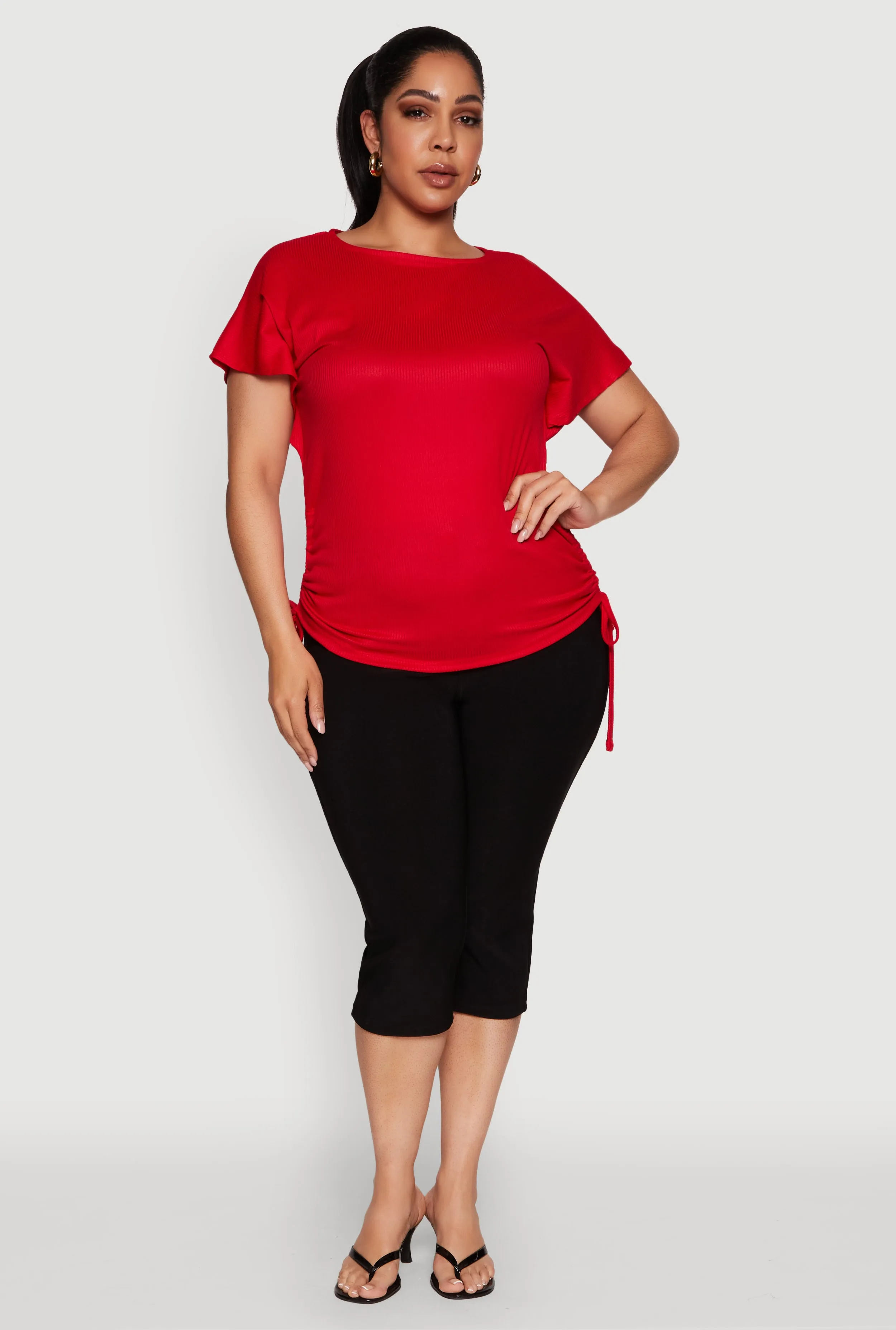 Plus Size Drawstring Side Flutter Sleeve Top sold by Rainbow