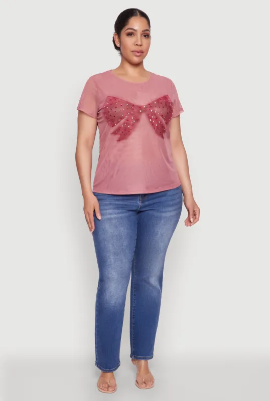 Plus Size Rhinestone Bow Graphic Mesh Top sold by Rainbow