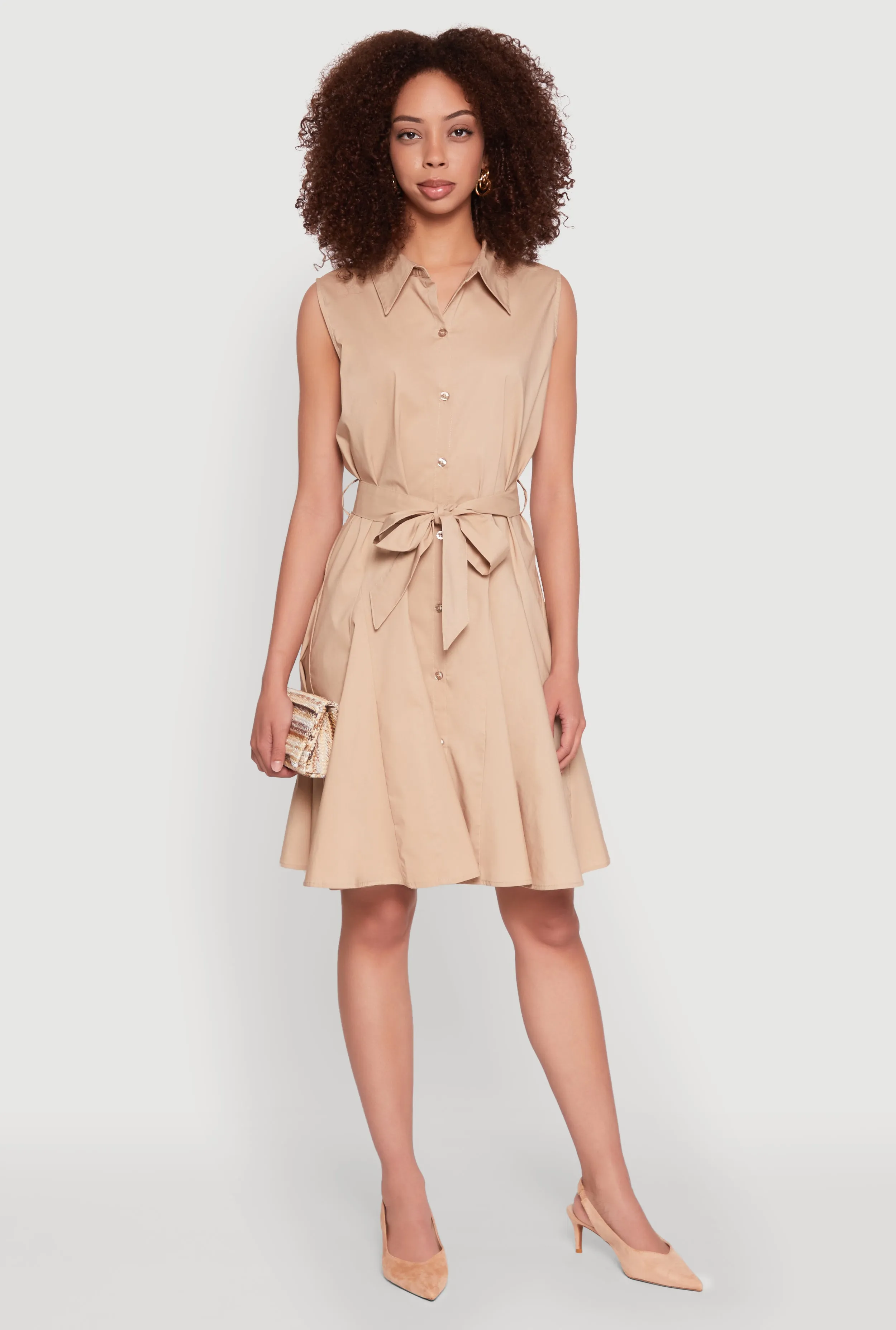Tie Waist Belted Sleeveless Pleated Shirt Dress sold by Rainbow