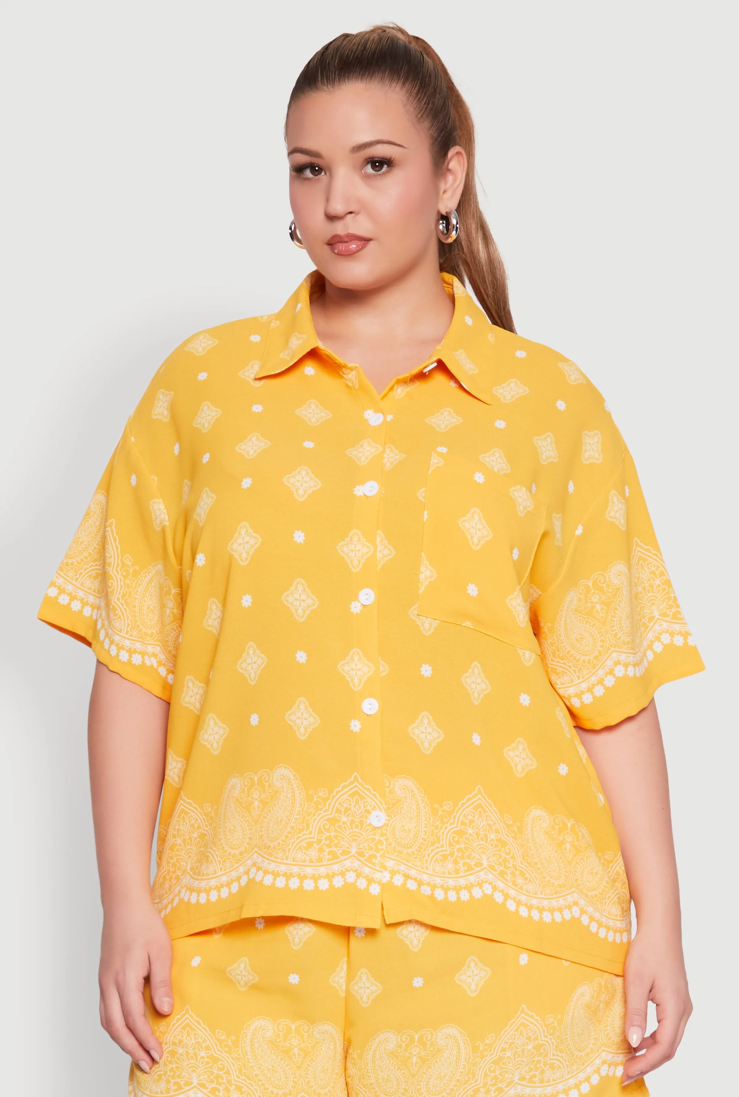 Plus Size Crepe Knit Bandana Print Oversized Shirt sold by Rainbow